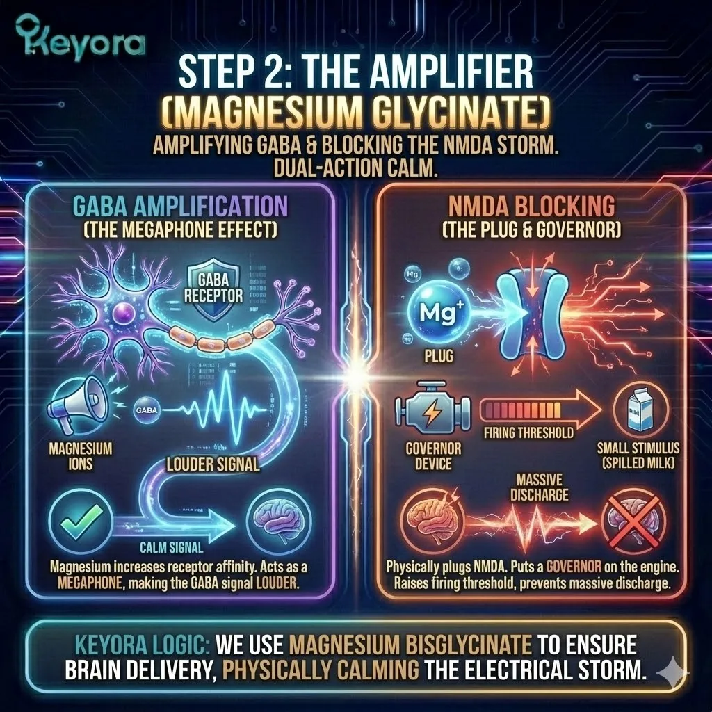 High-tech 3D render of "The Magnesium Gasket" within the neural architecture. The visual maps Magnesium ions physically plugging "leaky" NMDA Receptors (the gas pedal) while simultaneously amplifying the GABA receptors (the brakes). Hyper-realistic fibers depict the transition from an electrical storm to stabilized voltage. This design illustrates how the system reinstalls "Gain Control," raising the threshold for neural firing to prevent the 7:45 PM discharge. High-tech 3D render of "The Magnesium Gasket" within the neural architecture. The visual maps Magnesium ions physically plugging "leaky" NMDA Receptors (the gas pedal) while simultaneously amplifying the GABA receptors (the brakes). Hyper-realistic fibers depict the transition from an electrical storm to stabilized voltage. This design illustrates how the system reinstalls "Gain Control," raising the threshold for neural firing to prevent the 7:45 PM discharge.
