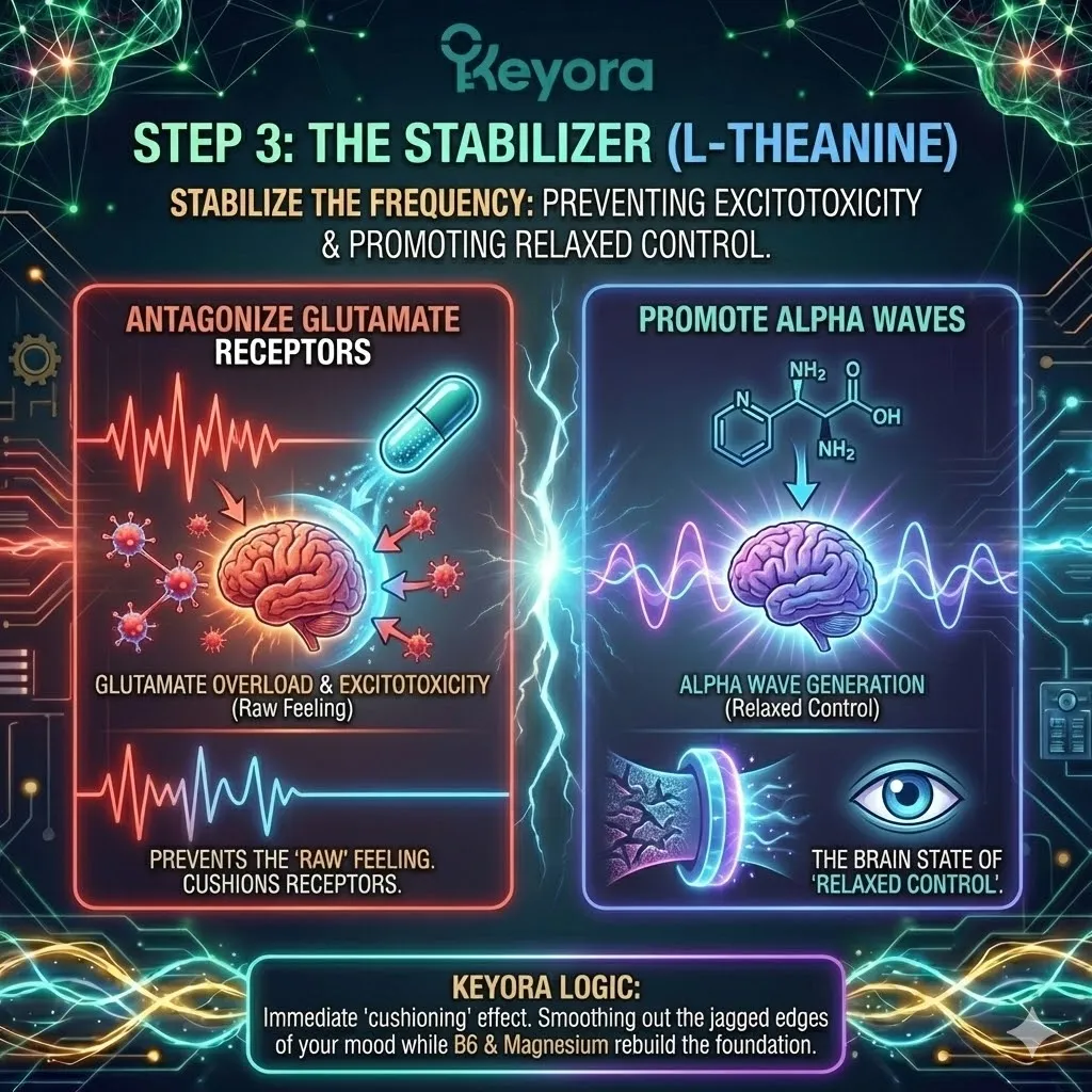 High-tech 3D neural render of "Frequency Stabilization." The visual maps the transition from jagged Gamma waves (Panic) to smooth, golden Alpha waves (Relaxed Flow). Hyper-realistic fibers show L-Theanine physically antagonizing Glutamate receptors, acting as a "neuro-cushion" that rounds off jagged electrical edges. This architectural design illustrates the restoration of "Relaxed Control," providing immediate insulation for the Naked Neuron. High-tech 3D neural render of "Frequency Stabilization." The visual maps the transition from jagged Gamma waves (Panic) to smooth, golden Alpha waves (Relaxed Flow). Hyper-realistic fibers show L-Theanine physically antagonizing Glutamate receptors, acting as a "neuro-cushion" that rounds off jagged electrical edges. This architectural design illustrates the restoration of "Relaxed Control," providing immediate insulation for the Naked Neuron.