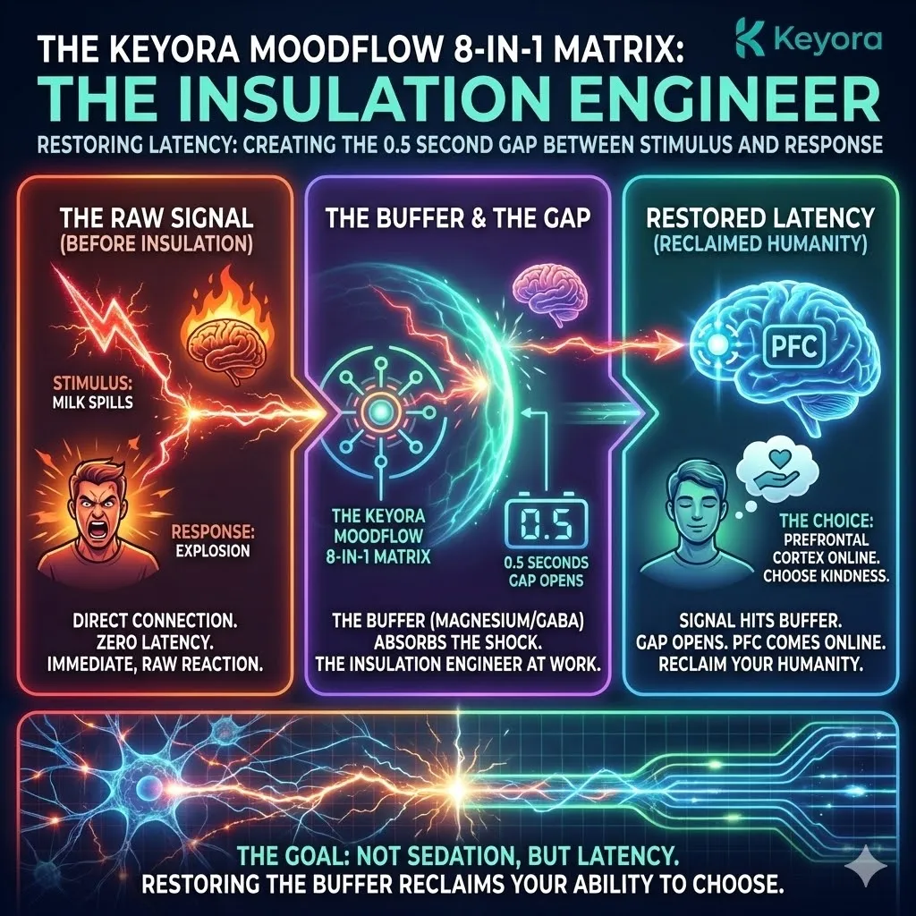 High-tech 3D render of "The Insulation Engineer" within the neural chassis. The visual maps the restoration of the 0.5-second "Latency Gap" through the MoodFlow 8-in-1 Matrix. Hyper-realistic neural fibers depict a golden chemical buffer absorbing a high-voltage stimulus spike, preventing a direct short to the Amygdala. This architectural design illustrates the transition from mechanical reactivity to executive choice, reinstating the Prefrontal Cortex as the Domestic CEO. High-tech 3D render of "The Insulation Engineer" within the neural chassis. The visual maps the restoration of the 0.5-second "Latency Gap" through the MoodFlow 8-in-1 Matrix. Hyper-realistic neural fibers depict a golden chemical buffer absorbing a high-voltage stimulus spike, preventing a direct short to the Amygdala. This architectural design illustrates the transition from mechanical reactivity to executive choice, reinstating the Prefrontal Cortex as the Domestic CEO.