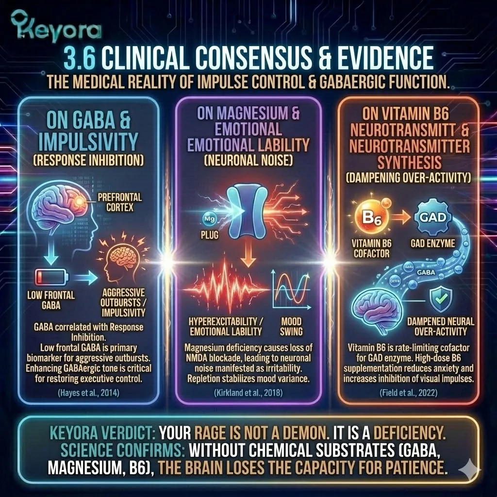 High-tech 3D render of the "Clinical Audit of Impulse." The visual maps the correlation between low frontal GABA and the loss of "Response Inhibition." Hyper-realistic fibers depict the Magnesium NMDA-blockade and B6-driven GAD enzymatic activity as structural stabilizers of the neural grid. This architectural design illustrates the transition from "Neuronal Noise" to stabilized emotional lability, anchoring the Keyora Verdict in hard biochemical evidence. High-tech 3D render of the "Clinical Audit of Impulse." The visual maps the correlation between low frontal GABA and the loss of "Response Inhibition." Hyper-realistic fibers depict the Magnesium NMDA-blockade and B6-driven GAD enzymatic activity as structural stabilizers of the neural grid. This architectural design illustrates the transition from "Neuronal Noise" to stabilized emotional lability, anchoring the Keyora Verdict in hard biochemical evidence.