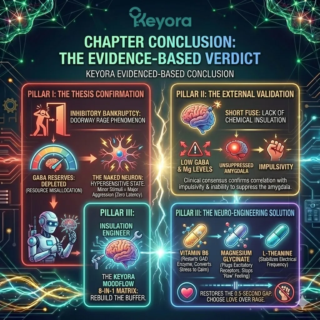 High-tech 3D render of the "Insulation Engineer" protocol. The visual maps the restoration of the 0.5-second Latency Gap, with Vitamin B6, Magnesium, and L-Theanine rebuilding the neural buffer. Hyper-realistic fibers depict the transition from a "Naked Neuron" to a shielded executive circuit, showing the Prefrontal Cortex successfully inhibiting the Amygdala. This design illustrates the mechanical recovery of the domestic CEO. High-tech 3D render of the "Insulation Engineer" protocol. The visual maps the restoration of the 0.5-second Latency Gap, with Vitamin B6, Magnesium, and L-Theanine rebuilding the neural buffer. Hyper-realistic fibers depict the transition from a "Naked Neuron" to a shielded executive circuit, showing the Prefrontal Cortex successfully inhibiting the Amygdala. This design illustrates the mechanical recovery of the domestic CEO.