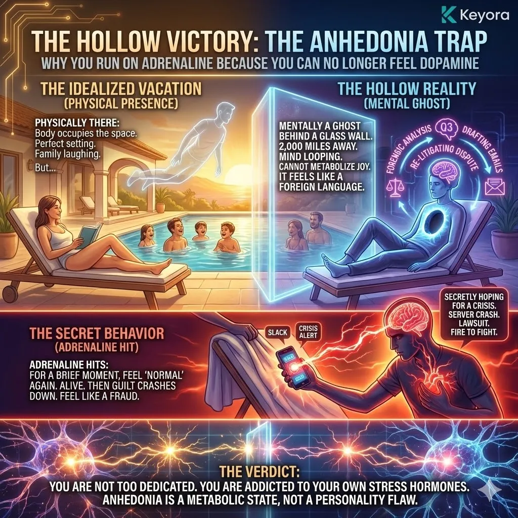 High-tech 3D neural render of the "Anhedonia Trap" within the neural architecture. The visual maps a "ghost-like" Prefrontal Cortex separated by a thick glass barrier from a vibrant, golden pool of family joy. Hyper-realistic neural fibers show the reward centers (Nucleus Accumbens) as grey and dormant, while the stress pathways (Amygdala) glow with a jagged, adrenaline-seeking red. This architectural design illustrates the "Hollow Victory" where the brain has lost the metabolic capacity to metabolize happiness. High-tech 3D neural render of the "Anhedonia Trap" within the neural architecture. The visual maps a "ghost-like" Prefrontal Cortex separated by a thick glass barrier from a vibrant, golden pool of family joy. Hyper-realistic neural fibers show the reward centers (Nucleus Accumbens) as grey and dormant, while the stress pathways (Amygdala) glow with a jagged, adrenaline-seeking red. This architectural design illustrates the "Hollow Victory" where the brain has lost the metabolic capacity to metabolize happiness.