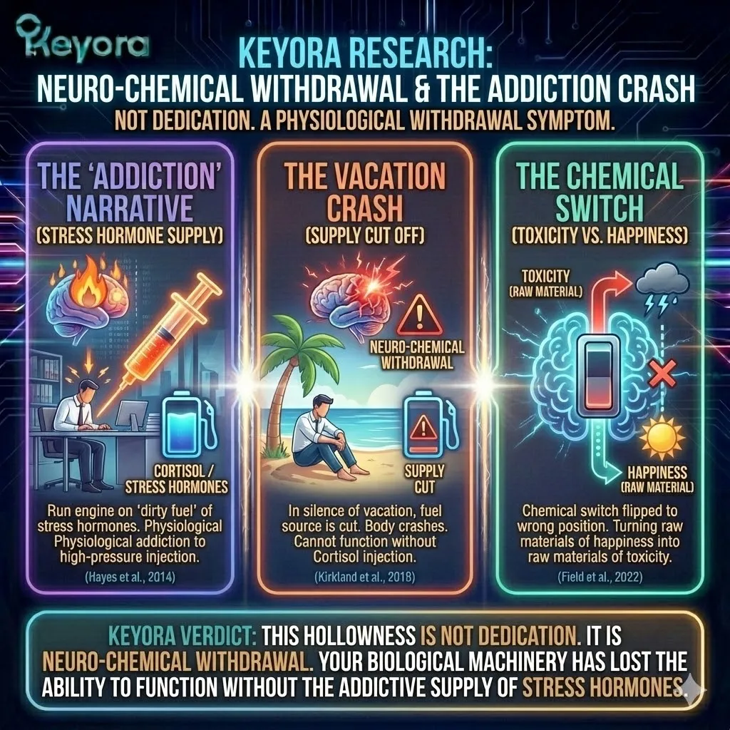 High-tech 3D neural render of "Neuro-Chemical Withdrawal" within the neural chassis. The visual maps a desiccated reward system, where the dopamine receptors are shriveled and unresponsive to natural stimuli. Hyper-realistic fibers depict the brain's "dirty fuel" reliance, showing a system that only illuminates under high-pressure Cortisol injections. This architectural design illustrates the transition from high-performance drive to biological dependency on stress. High-tech 3D neural render of "Neuro-Chemical Withdrawal" within the neural chassis. The visual maps a desiccated reward system, where the dopamine receptors are shriveled and unresponsive to natural stimuli. Hyper-realistic fibers depict the brain's "dirty fuel" reliance, showing a system that only illuminates under high-pressure Cortisol injections. This architectural design illustrates the transition from high-performance drive to biological dependency on stress.