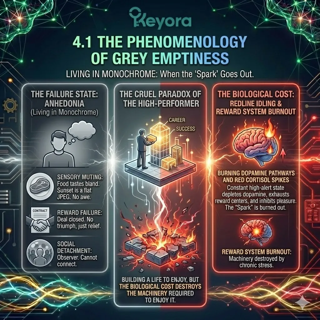 High-tech 3D render of "Sensory Muting" within the neural chassis. The visual maps a world transitioning from vibrant color to a flat, grey-scale "JPEG" landscape. Hyper-realistic neural fibers depict the reward centers (Nucleus Accumbens) as shrunken and unresponsive, with the "spark" of dopamine extinguished. This architectural design illustrates the "Anhedonia Flatness," where the brain's machinery for metabolizing pleasure has been structurally dismantled by chronic over-extension. High-tech 3D render of "Sensory Muting" within the neural chassis. The visual maps a world transitioning from vibrant color to a flat, grey-scale "JPEG" landscape. Hyper-realistic neural fibers depict the reward centers (Nucleus Accumbens) as shrunken and unresponsive, with the "spark" of dopamine extinguished. This architectural design illustrates the "Anhedonia Flatness," where the brain's machinery for metabolizing pleasure has been structurally dismantled by chronic over-extension.