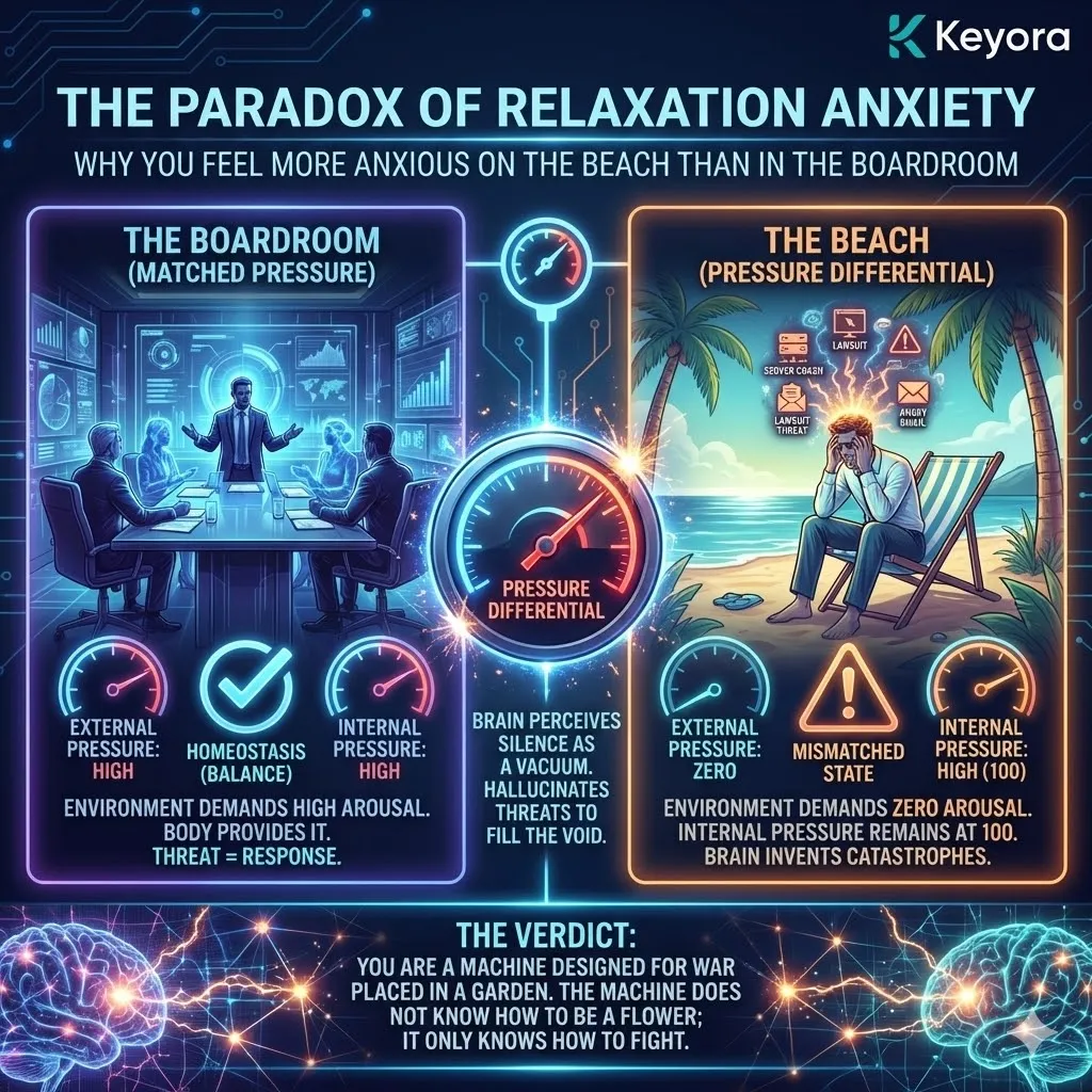 High-tech 3D neural render of the "Pressure Differential" within the neural chassis. The visual maps a hyper-aroused Amygdala and sympathetic nervous system (Internal Pressure 100) set against a tranquil, golden beach environment (External Pressure 0). Hyper-realistic fibers depict the brain's "hallucinated threats" as jagged, red energy spikes filling the silence, illustrating the mechanical failure of a war-machine struggling to exist in a garden. High-tech 3D neural render of the "Pressure Differential" within the neural chassis. The visual maps a hyper-aroused Amygdala and sympathetic nervous system (Internal Pressure 100) set against a tranquil, golden beach environment (External Pressure 0). Hyper-realistic fibers depict the brain's "hallucinated threats" as jagged, red energy spikes filling the silence, illustrating the mechanical failure of a war-machine struggling to exist in a garden.