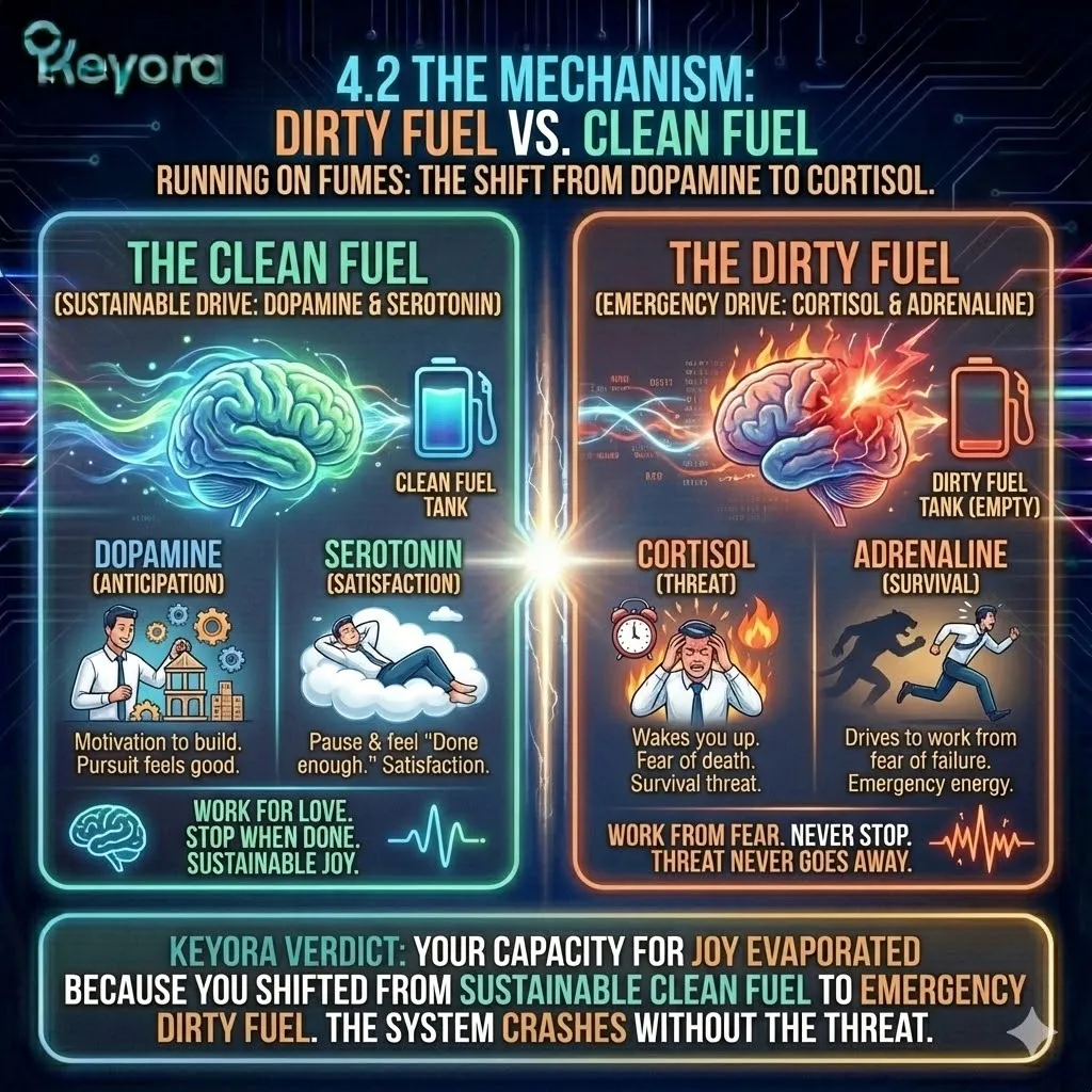 High-tech 3D render of the "Neural Fuel Grid" within the neural chassis. The visual contrasts the golden, steady flow of "Clean Fuel" (Dopamine/Serotonin) against the jagged, corrosive neon-purple of "Dirty Fuel" (Cortisol/Adrenaline). Hyper-realistic fibers depict the reward centers transitioning from sustainable motivation to emergency survival, illustrating the mechanical shift from building out of love to building out of terror. High-tech 3D render of the "Neural Fuel Grid" within the neural chassis. The visual contrasts the golden, steady flow of "Clean Fuel" (Dopamine/Serotonin) against the jagged, corrosive neon-purple of "Dirty Fuel" (Cortisol/Adrenaline). Hyper-realistic fibers depict the reward centers transitioning from sustainable motivation to emergency survival, illustrating the mechanical shift from building out of love to building out of terror.