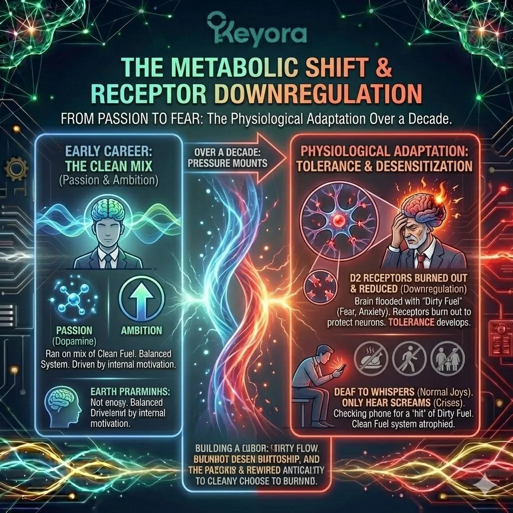 High-tech 3D render of "Receptor Downregulation" in the neural chassis. The visual maps the shriveled, unresponsive D2 Dopamine receptors (the Clean Fuel system) against hyper-aroused stress pathways. Hyper-realistic neural fibers show a system that has gone "deaf" to the golden whispers of natural joy, only vibrating in response to the jagged, neon screams of a crisis. This architectural design illustrates the transition from high-performance ambition to a structural dependency on "Dirty Fuel." High-tech 3D render of "Receptor Downregulation" in the neural chassis. The visual maps the shriveled, unresponsive D2 Dopamine receptors (the Clean Fuel system) against hyper-aroused stress pathways. Hyper-realistic neural fibers show a system that has gone "deaf" to the golden whispers of natural joy, only vibrating in response to the jagged, neon screams of a crisis. This architectural design illustrates the transition from high-performance ambition to a structural dependency on "Dirty Fuel."