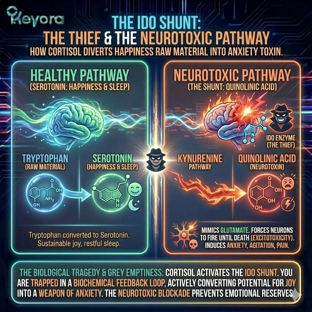 High-tech 3D render of the "Kynurenine Crisis" within the neural chassis. The visual maps the transformation of golden Tryptophan into jagged, neon-purple Quinolinic Acid. Hyper-realistic neural fibers show these neurotoxins bombarding the NMDA receptors, creating a state of "Excitotoxicity." This architectural design illustrates the biological tragedy where the brain's raw materials for joy are chemically weaponized into a "Neurotoxic Blockade," fueling chronic anxiety and the "Grey Emptiness." High-tech 3D render of the "Kynurenine Crisis" within the neural chassis. The visual maps the transformation of golden Tryptophan into jagged, neon-purple Quinolinic Acid. Hyper-realistic neural fibers show these neurotoxins bombarding the NMDA receptors, creating a state of "Excitotoxicity." This architectural design illustrates the biological tragedy where the brain's raw materials for joy are chemically weaponized into a "Neurotoxic Blockade," fueling chronic anxiety and the "Grey Emptiness."