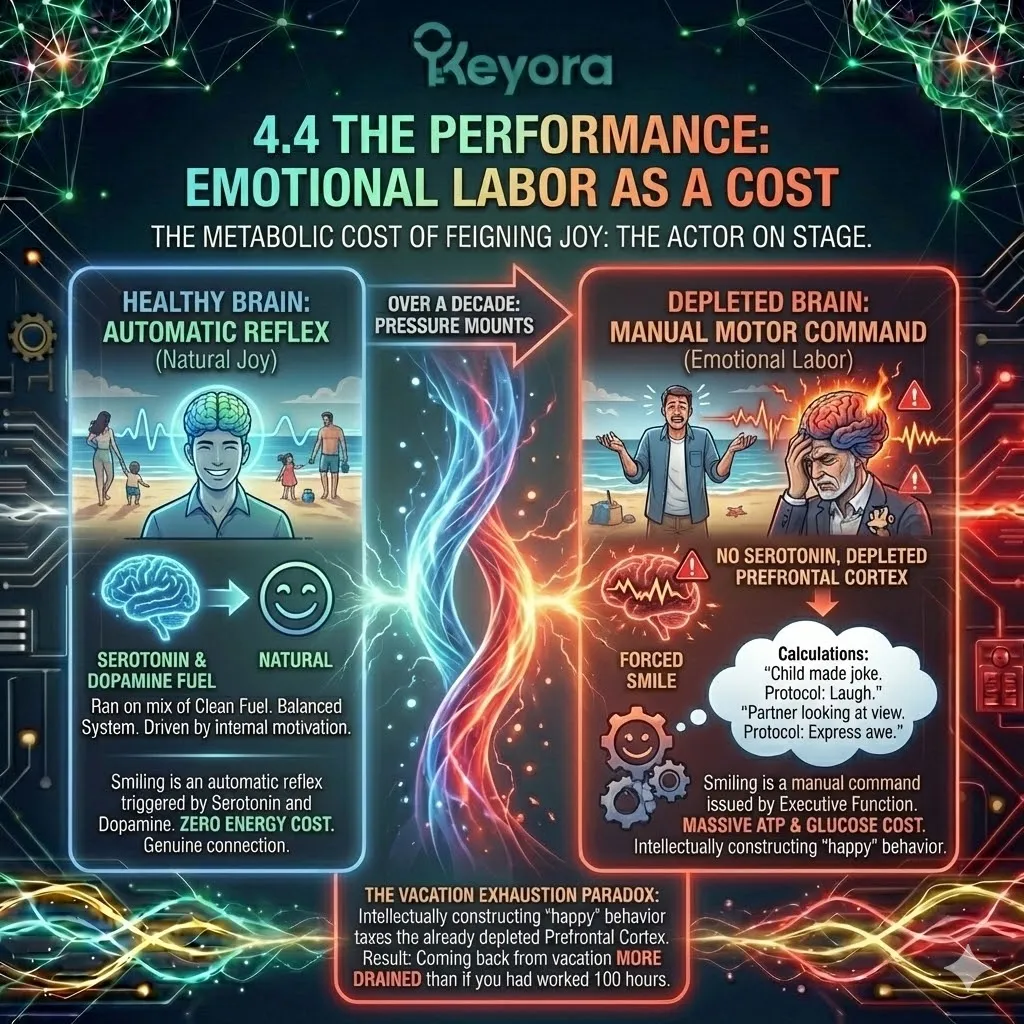 High-tech 3D neural render of "The Actor on Stage" within the neural chassis. The visual maps the "Emotional Labor" bypass, where the Prefrontal Cortex manually overrides the dormant, greyed-out emotional centers. Hyper-realistic neural fibers show a high-voltage motor command forcing a "simulated smile" while the ATP reserves in the frontal lobe flicker and dim. This design illustrates the staggering metabolic tax of feigning joy when the Serotonin fuel supply is empty. High-tech 3D neural render of "The Actor on Stage" within the neural chassis. The visual maps the "Emotional Labor" bypass, where the Prefrontal Cortex manually overrides the dormant, greyed-out emotional centers. Hyper-realistic neural fibers show a high-voltage motor command forcing a "simulated smile" while the ATP reserves in the frontal lobe flicker and dim. This design illustrates the staggering metabolic tax of feigning joy when the Serotonin fuel supply is empty.