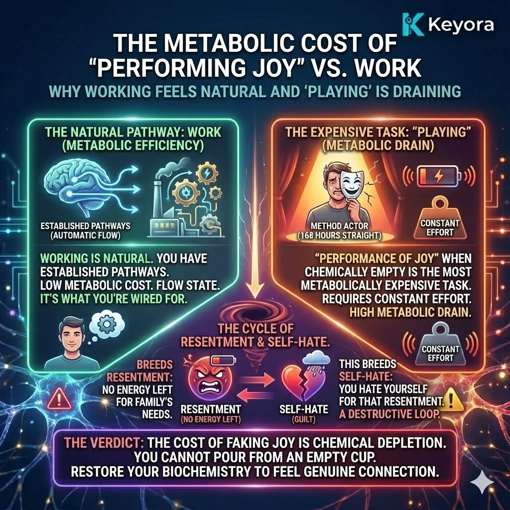 High-tech 3D render of "The Metabolic Performance" in the neural chassis. The visual maps the high-voltage motor commands from the Prefrontal Cortex forcing a "simulated smile" while the emotional centers (Limbic System) remain a cold, dormant grey. Hyper-realistic neural fibers show the "Resentment Loop," where the massive ATP cost of feigning joy triggers a survival-based defensive response against loved ones. This design illustrates the biological tragedy of the "exhausted actor" who has run out of the neurochemical fuel for connection. High-tech 3D render of "The Metabolic Performance" in the neural chassis. The visual maps the high-voltage motor commands from the Prefrontal Cortex forcing a "simulated smile" while the emotional centers (Limbic System) remain a cold, dormant grey. Hyper-realistic neural fibers show the "Resentment Loop," where the massive ATP cost of feigning joy triggers a survival-based defensive response against loved ones. This design illustrates the biological tragedy of the "exhausted actor" who has run out of the neurochemical fuel for connection.