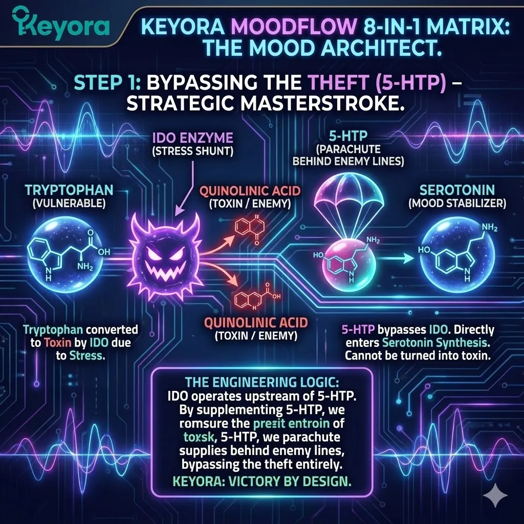 High-tech 3D render of "The Strategic Parachute" within the neural chassis. The visual maps a golden payload of 5-HTP bypassing the glowing red "IDO Shunt" and dropping directly into the Serotonin synthesis track. Hyper-realistic fibers depict the "upstream" IDO enzyme unable to interact with the 5-HTP molecules, ensuring they reach the reward centers. This architectural design illustrates the "Strategic Masterstroke" of bypassing the metabolic theft to recapitalize the brain's happiness reserves. High-tech 3D render of "The Strategic Parachute" within the neural chassis. The visual maps a golden payload of 5-HTP bypassing the glowing red "IDO Shunt" and dropping directly into the Serotonin synthesis track. Hyper-realistic fibers depict the "upstream" IDO enzyme unable to interact with the 5-HTP molecules, ensuring they reach the reward centers. This architectural design illustrates the "Strategic Masterstroke" of bypassing the metabolic theft to recapitalize the brain's happiness reserves.