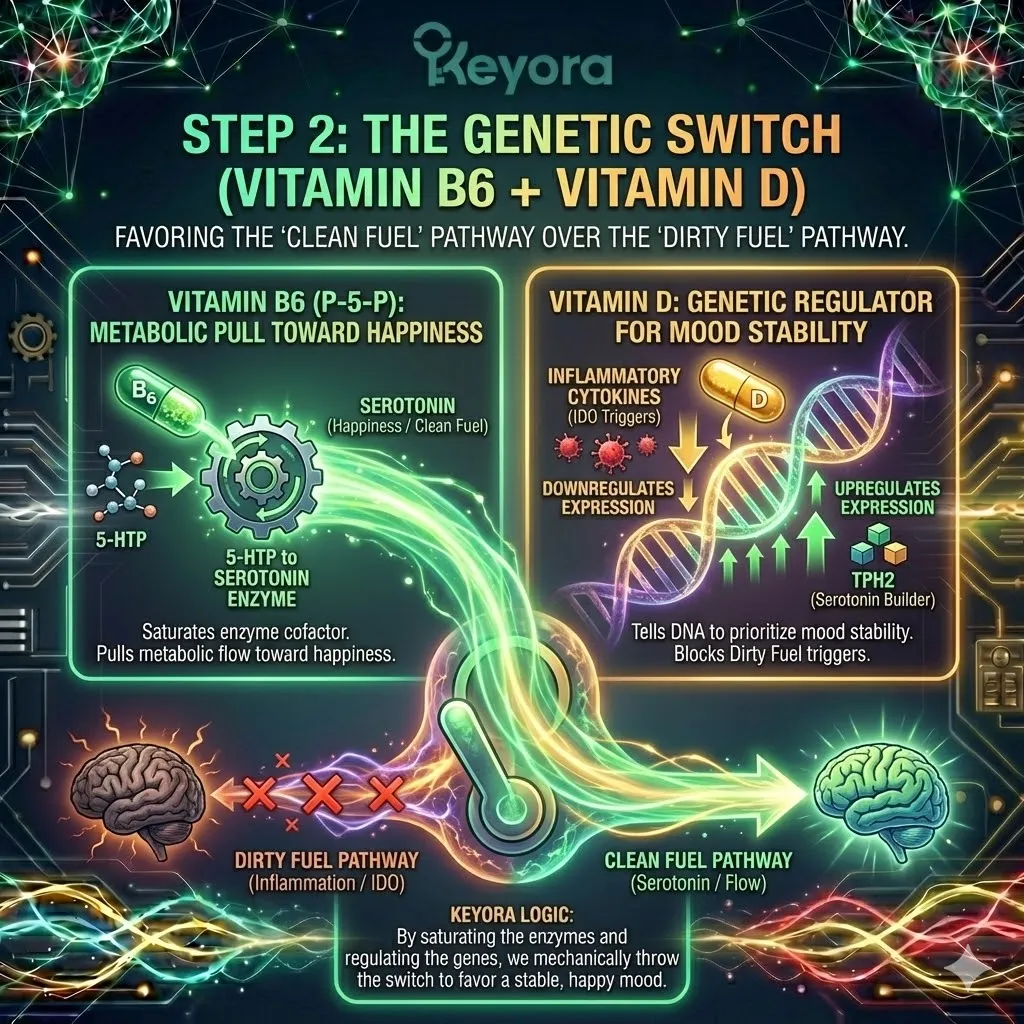 High-tech 3D render of the "Genetic Switch" within the neural chassis. The visual maps Vitamin D entering the nucleus to downregulate inflammatory cytokines while upregulating the TPH2 gene. Hyper-realistic neural fibers show Vitamin B6 (P-5-P) accelerating the final conversion of 5-HTP into golden Serotonin. This architectural design illustrates the mechanical shift from a high-stress "Dirty Fuel" state to a DNA-level prioritization ofmood stability and executive calm. High-tech 3D render of the "Genetic Switch" within the neural chassis. The visual maps Vitamin D entering the nucleus to downregulate inflammatory cytokines while upregulating the TPH2 gene. Hyper-realistic neural fibers show Vitamin B6 (P-5-P) accelerating the final conversion of 5-HTP into golden Serotonin. This architectural design illustrates the mechanical shift from a high-stress "Dirty Fuel" state to a DNA-level prioritization ofmood stability and executive calm.