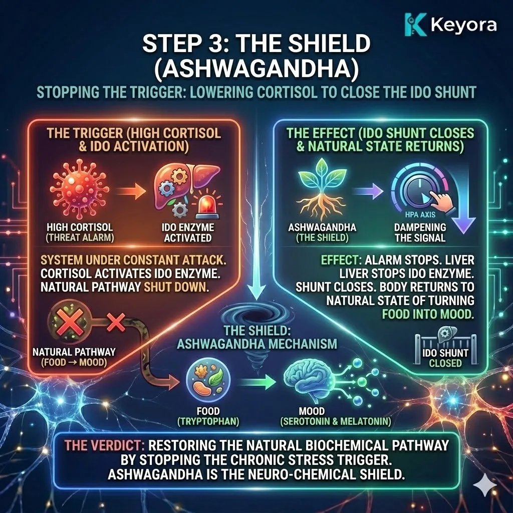 High-tech 3D neural render of "The Shield" within the neural chassis. The visual maps a dramatic reduction in the jagged red Cortisol signals as Ashwagandha dampens the HPA axis. Hyper-realistic fibers depict the "IDO Shunt" physically closing, while the metabolic pathway reverts to its natural, golden flow. This architectural design illustrates the termination of the "Threat Alarm," allowing the system to shift from emergency defense back to the organic production of happiness. High-tech 3D neural render of "The Shield" within the neural chassis. The visual maps a dramatic reduction in the jagged red Cortisol signals as Ashwagandha dampens the HPA axis. Hyper-realistic fibers depict the "IDO Shunt" physically closing, while the metabolic pathway reverts to its natural, golden flow. This architectural design illustrates the termination of the "Threat Alarm," allowing the system to shift from emergency defense back to the organic production of happiness.