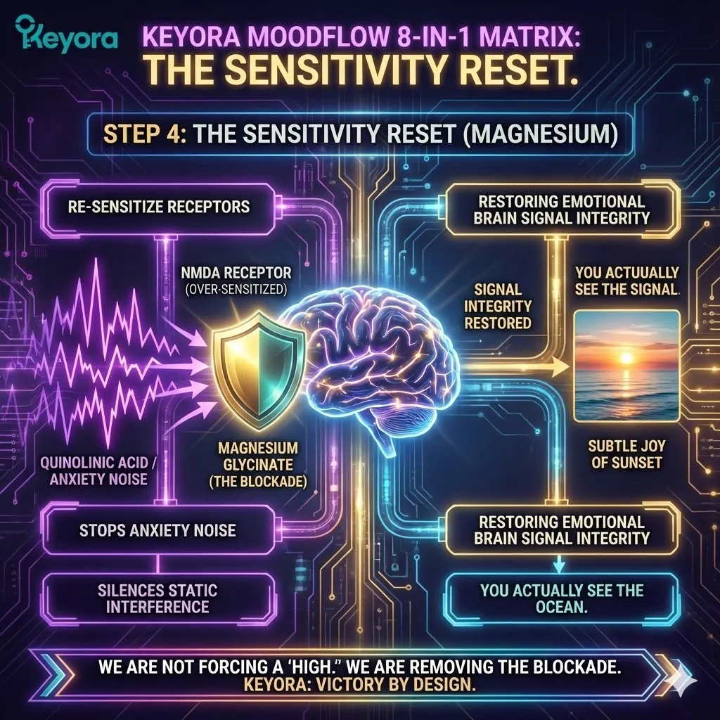 High-tech 3D render of "The Sensitivity Reset" within the neural chassis. The visual maps Magnesium Glycinate physically silencing the "background noise" of the NMDA receptors. Hyper-realistic neural fibers depict the clearing of Quinolinic Acid static, revealing a crystal-clear signal of subtle, golden joy. This architectural design illustrates the restoration of "Signal Integrity," where the brain's baseline is reset, allowing the user to experience natural awe without the requirement of a high-voltage crisis. High-tech 3D render of "The Sensitivity Reset" within the neural chassis. The visual maps Magnesium Glycinate physically silencing the "background noise" of the NMDA receptors. Hyper-realistic neural fibers depict the clearing of Quinolinic Acid static, revealing a crystal-clear signal of subtle, golden joy. This architectural design illustrates the restoration of "Signal Integrity," where the brain's baseline is reset, allowing the user to experience natural awe without the requirement of a high-voltage crisis.