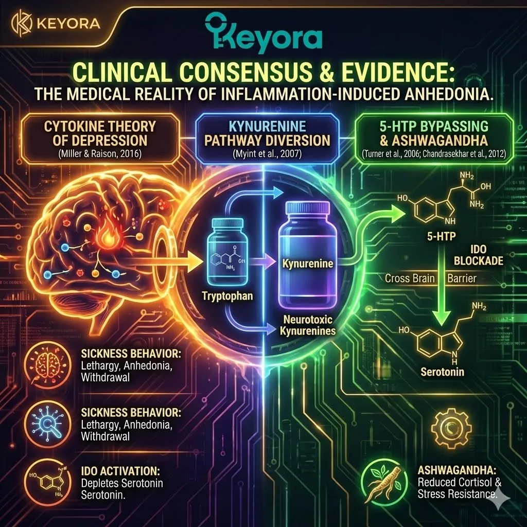 High-tech 3D render of the "Clinical Consensus Audit". The visual maps the "Sickness Behavior" state caused by cytokine-driven IDO activation against the "Strategic Parachute" of 5-HTP. Hyper-realistic fibers depict the molecular bypass of the Kynurenine Diversion, while Ashwagandha deactivates the Cortisol trigger. This architectural design illustrates the transition from a "Neurotoxic Blockade" to a restored Serotonin flow, backed by the "Cytokine Theory of Depression." High-tech 3D render of the "Clinical Consensus Audit". The visual maps the "Sickness Behavior" state caused by cytokine-driven IDO activation against the "Strategic Parachute" of 5-HTP. Hyper-realistic fibers depict the molecular bypass of the Kynurenine Diversion, while Ashwagandha deactivates the Cortisol trigger. This architectural design illustrates the transition from a "Neurotoxic Blockade" to a restored Serotonin flow, backed by the "Cytokine Theory of Depression."