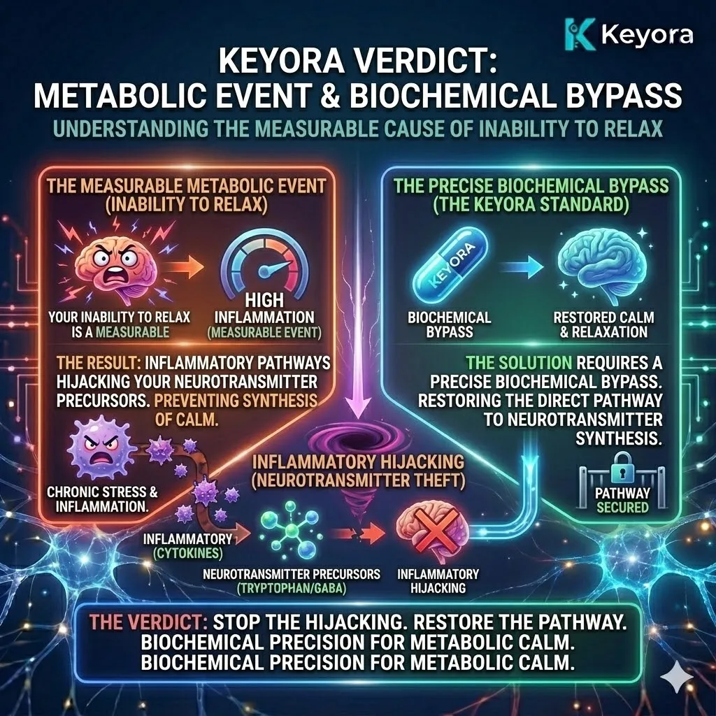 High-end scientific editorial visual of "The Biochemical Bypass." A macro, hyper-realistic 3D render of a neural synapse structure where the connecting fibers are transforming into glowing organic golden roots, symbolizing the fusion of nature and neuroscience. The text "Keyora" is explicitly integrated into the design in a sleek, modern, metallic sans-serif font. The visual maps the transition from an IDO-hijacked neurotoxic state to a restored golden Serotonin flow, utilizing the 5-HTP bypass and Cortisol-shielding. High-end scientific editorial visual of "The Biochemical Bypass." A macro, hyper-realistic 3D render of a neural synapse structure where the connecting fibers are transforming into glowing organic golden roots, symbolizing the fusion of nature and neuroscience. The text "Keyora" is explicitly integrated into the design in a sleek, modern, metallic sans-serif font. The visual maps the transition from an IDO-hijacked neurotoxic state to a restored golden Serotonin flow, utilizing the 5-HTP bypass and Cortisol-shielding.