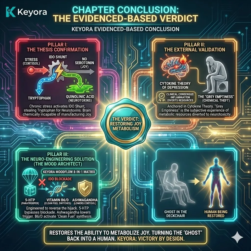 High-end scientific editorial visual of "The Mood Architect" protocol. A macro, hyper-realistic 3D render of a neural synapse structure where the connecting fibers are transforming into glowing organic golden roots, symbolizing the fusion of nature and neuroscience. The text Keyora is integrated into the design as a sleek, metallic watermark. The visual maps the "5-HTP Parachute" bypassing the red-coded IDO Shunt, while golden roots of Serotonin and Melatonin flourish, illustrating the mechanical transition from "Grey Emptiness" to vibrant, metabolizable joy. High-end scientific editorial visual of "The Mood Architect" protocol. A macro, hyper-realistic 3D render of a neural synapse structure where the connecting fibers are transforming into glowing organic golden roots, symbolizing the fusion of nature and neuroscience. The text Keyora is integrated into the design as a sleek, metallic watermark. The visual maps the "5-HTP Parachute" bypassing the red-coded IDO Shunt, while golden roots of Serotonin and Melatonin flourish, illustrating the mechanical transition from "Grey Emptiness" to vibrant, metabolizable joy.