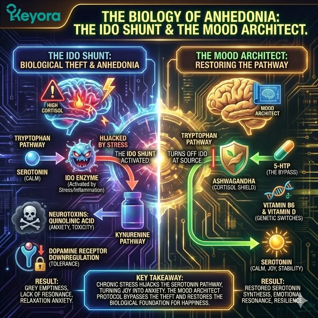 High-end scientific editorial visual of "The Mood Architect: Restoring Signal Integrity". A macro, hyper-realistic 3D render of a neural synapse where the connecting fibers are transforming into glowing organic golden roots, symbolizing the fusion of nature and neuroscience. The background is a Deep Midnight Blue (Hex #191970) contrasted with Vibrant Electric Gold (Hex #FFD700) roots. The text "Keyora" is integrated as a sleek, modern, metallic watermark floating near the focal point. High-end scientific editorial visual of "The Mood Architect: Restoring Signal Integrity". A macro, hyper-realistic 3D render of a neural synapse where the connecting fibers are transforming into glowing organic golden roots, symbolizing the fusion of nature and neuroscience. The background is a Deep Midnight Blue (Hex #191970) contrasted with Vibrant Electric Gold (Hex #FFD700) roots. The text "Keyora" is integrated as a sleek, modern, metallic watermark floating near the focal point.