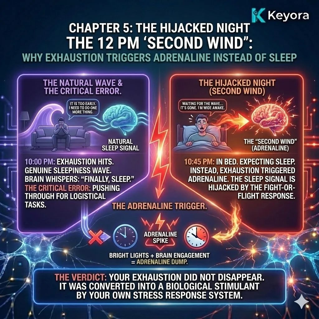 High-tech visual of the Hijacked Night, illustrating the missed sleep window and the onset of a Survival Override. The 3D render shows a neural synapse transitioning from the warmth of natural sleepiness to a sharp Neuro-Endocrine Storm. The schematic maps the critical error of pushing through the 10:00 PM heaviness, where bright light and logistics trigger the HPA feedback loop. This architecture captures the moment the body abandons repair for a state of hyperarousal and neurological tension. High-tech visual of the Hijacked Night, illustrating the missed sleep window and the onset of a Survival Override. The 3D render shows a neural synapse transitioning from the warmth of natural sleepiness to a sharp Neuro-Endocrine Storm. The schematic maps the critical error of pushing through the 10:00 PM heaviness, where bright light and logistics trigger the HPA feedback loop. This architecture captures the moment the body abandons repair for a state of hyperarousal and neurological tension.