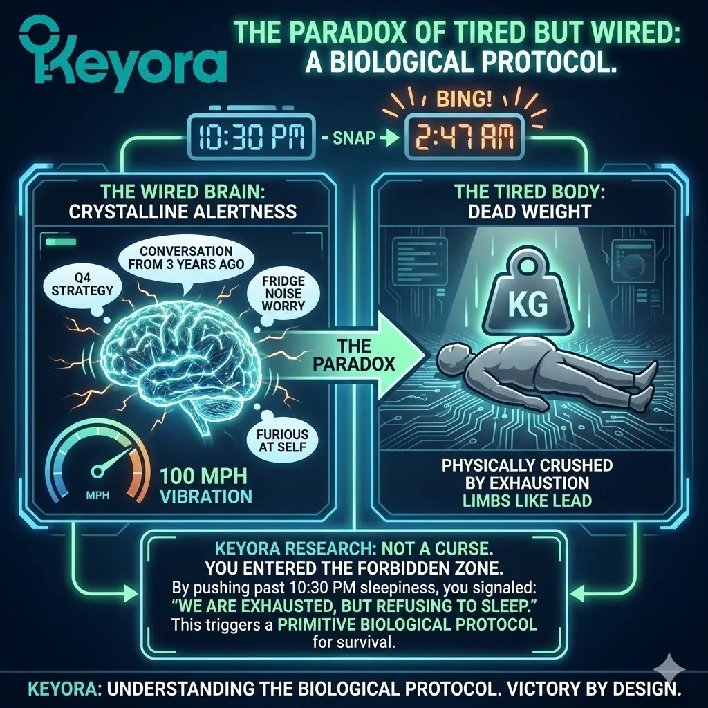 Technical 3D visual of the Tired But Wired paradox, depicting a neural synapse vibrating in a state of hyperarousal while the physical body remains in a state of leaden exhaustion. The schematic illustrates the sharp crystalline alertness of a Neuro-Endocrine Storm, where a Survival Override replaces the natural sleep window. This high-density render maps the HPA feedback loop as it hijacks the night, creating a state of neurological tension that prevents the Four-Drive System from entering restorative repair. Technical 3D visual of the Tired But Wired paradox, depicting a neural synapse vibrating in a state of hyperarousal while the physical body remains in a state of leaden exhaustion. The schematic illustrates the sharp crystalline alertness of a Neuro-Endocrine Storm, where a Survival Override replaces the natural sleep window. This high-density render maps the HPA feedback loop as it hijacks the night, creating a state of neurological tension that prevents the Four-Drive System from entering restorative repair.