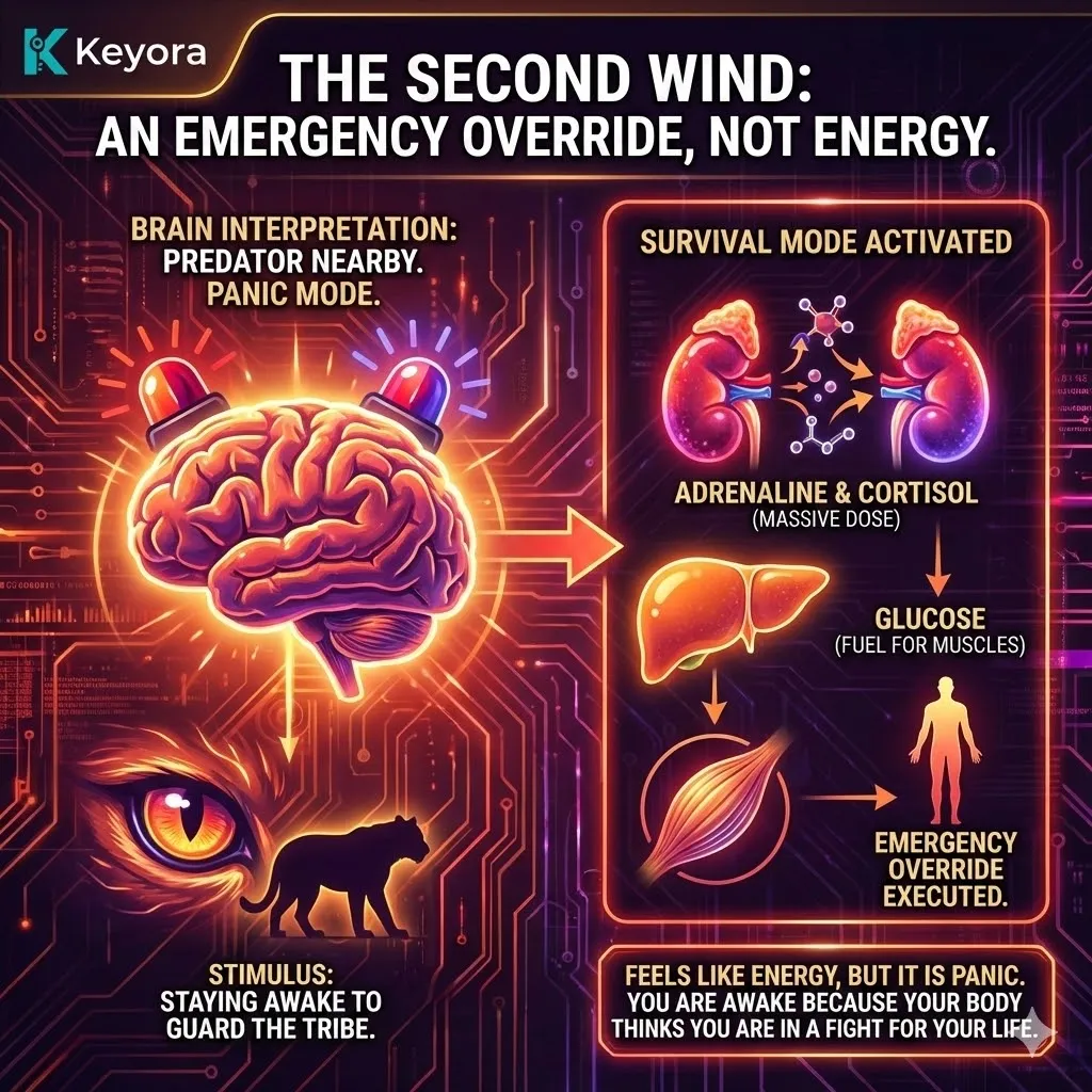 Technical schematic of the Forbidden Zone and Second Wind biological protocol. The 3D render maps the emergency override where the HPA axis misinterprets missed sleep as a survival threat. This triggers a Neuro-Endocrine Storm, dumping Adrenaline and Cortisol while liberating liver Glucose to fuel a perceived fight. This architecture proves the Second Wind is not metabolic energy but a systemic panic response and Survival Override that hijacks the Four-Drive System to prevent restorative sleep. Technical schematic of the Forbidden Zone and Second Wind biological protocol. The 3D render maps the emergency override where the HPA axis misinterprets missed sleep as a survival threat. This triggers a Neuro-Endocrine Storm, dumping Adrenaline and Cortisol while liberating liver Glucose to fuel a perceived fight. This architecture proves the Second Wind is not metabolic energy but a systemic panic response and Survival Override that hijacks the Four-Drive System to prevent restorative sleep.