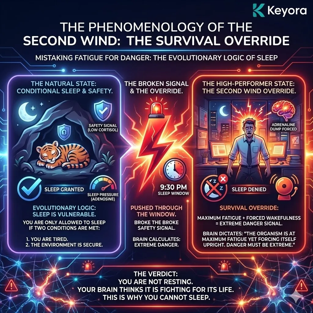 High-density visual mapping the Survival Override within the evolutionary logic of fatigue. The 3D schematic illustrates the failure to meet the Safety Signal condition despite high Sleep Pressure from Adenosine build-up. It renders the biological safety switch where forcing wakefulness past the 9:30 PM window triggers a high-cortisol danger signal. This architecture shows the brain prioritizing survival over restorative paralysis, locking the Four-Drive System in a state of hyper-vigilance and neurological tension. High-density visual mapping the Survival Override within the evolutionary logic of fatigue. The 3D schematic illustrates the failure to meet the Safety Signal condition despite high Sleep Pressure from Adenosine build-up. It renders the biological safety switch where forcing wakefulness past the 9:30 PM window triggers a high-cortisol danger signal. This architecture shows the brain prioritizing survival over restorative paralysis, locking the Four-Drive System in a state of hyper-vigilance and neurological tension.