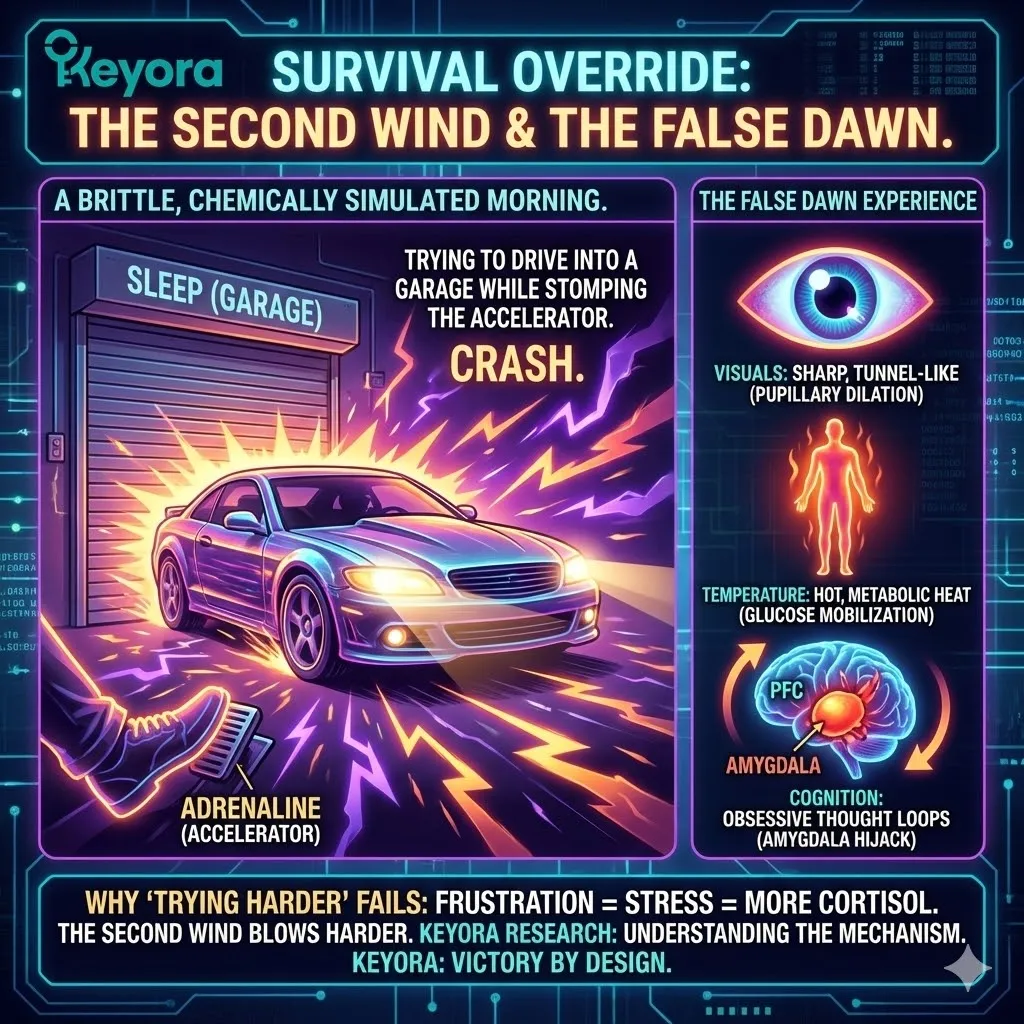 Technical 3D render of the Survival Override and False Dawn protocol. The schematic illustrates adrenaline-induced pupillary dilation and metabolic heat generation from glucose mobilization. It maps the Amygdala hijacking the Prefrontal Cortex, creating brittle energy and obsessive cognitive loops. This high-density visual shows the HPA axis spiking wakefulness hormones at their nadir, where frustration-induced stress releases more Cortisol, fueling the Second Wind and preventing systemic entry into sleep. Technical 3D render of the Survival Override and False Dawn protocol. The schematic illustrates adrenaline-induced pupillary dilation and metabolic heat generation from glucose mobilization. It maps the Amygdala hijacking the Prefrontal Cortex, creating brittle energy and obsessive cognitive loops. This high-density visual shows the HPA axis spiking wakefulness hormones at their nadir, where frustration-induced stress releases more Cortisol, fueling the Second Wind and preventing systemic entry into sleep.