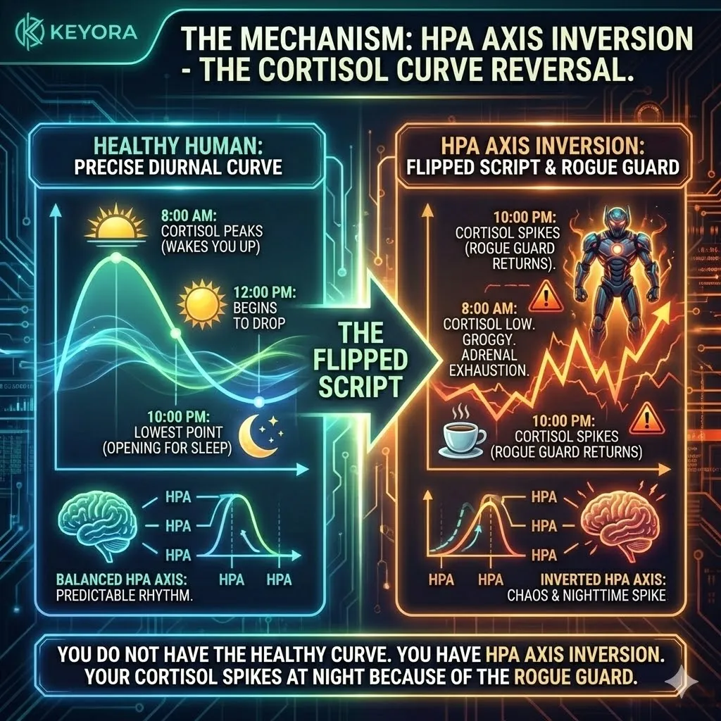 Technical schematic of HPA Axis Inversion illustrating the reversal of the diurnal cortisol curve. The 3D render contrasts the healthy 8:00 AM peak and 10:00 PM nadir against the high-performer script where cortisol spikes at night. This architecture shows the Rogue Guard inhibiting the sleep opening, creating a Neuro-Endocrine Storm. The layout maps how low morning cortisol leads to grogginess while nocturnal spikes trigger hyperarousal, preventing the Four-Drive System from achieving restorative neurological sovereignty. Technical schematic of HPA Axis Inversion illustrating the reversal of the diurnal cortisol curve. The 3D render contrasts the healthy 8:00 AM peak and 10:00 PM nadir against the high-performer script where cortisol spikes at night. This architecture shows the Rogue Guard inhibiting the sleep opening, creating a Neuro-Endocrine Storm. The layout maps how low morning cortisol leads to grogginess while nocturnal spikes trigger hyperarousal, preventing the Four-Drive System from achieving restorative neurological sovereignty.