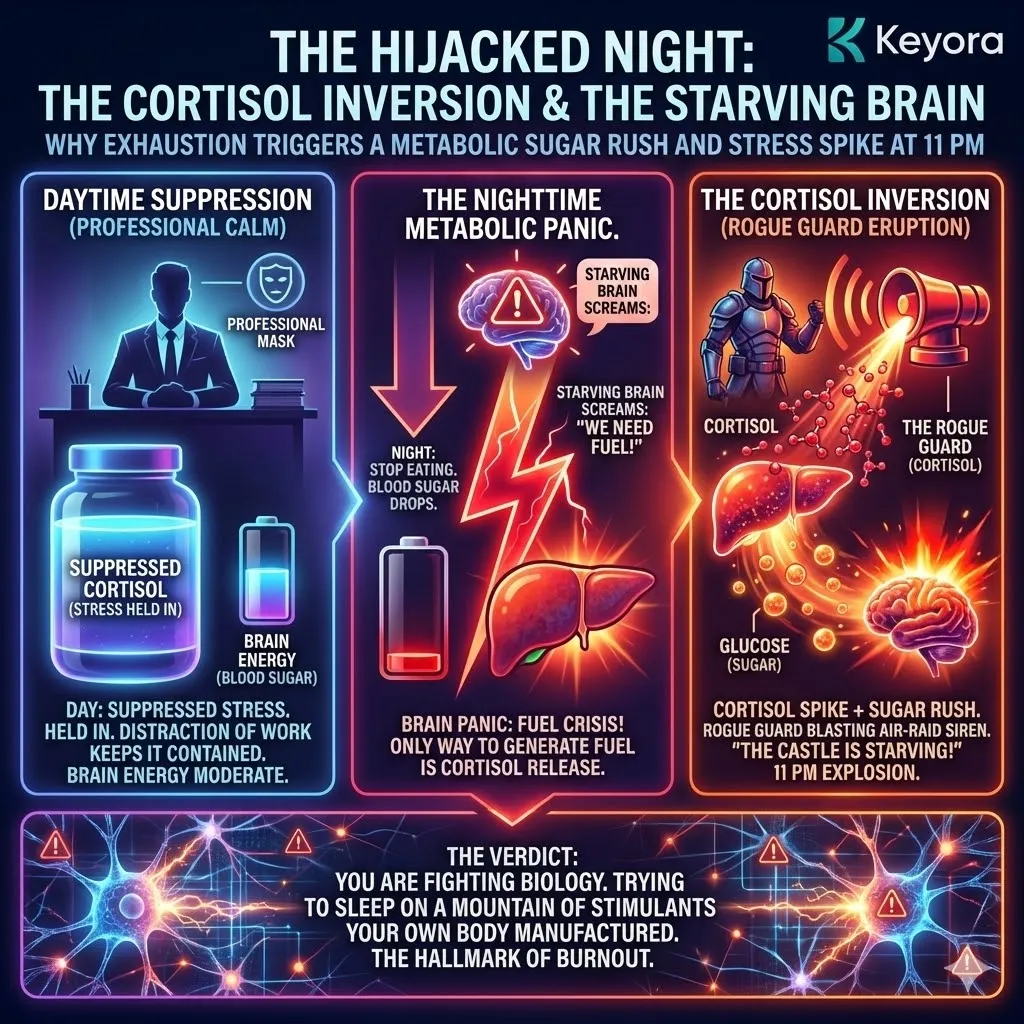 Technical schematic of HPA Axis Inversion driven by the nocturnal Energy Crisis. The 3D render illustrates the starving brain triggering a Cortisol spike to initiate Gluconeogenesis. This metabolic panic forces the liver to dump sugar into the bloodstream at 11:00 PM, creating a simultaneous sugar rush and stress spike. The architecture depicts the Rogue Guard activating an air-raid siren of endogenous stimulants, establishing the hallmark of Burnout where biological survival mechanisms prevent systemic entry into restorative sleep. Technical schematic of HPA Axis Inversion driven by the nocturnal Energy Crisis. The 3D render illustrates the starving brain triggering a Cortisol spike to initiate Gluconeogenesis. This metabolic panic forces the liver to dump sugar into the bloodstream at 11:00 PM, creating a simultaneous sugar rush and stress spike. The architecture depicts the Rogue Guard activating an air-raid siren of endogenous stimulants, establishing the hallmark of Burnout where biological survival mechanisms prevent systemic entry into restorative sleep.
