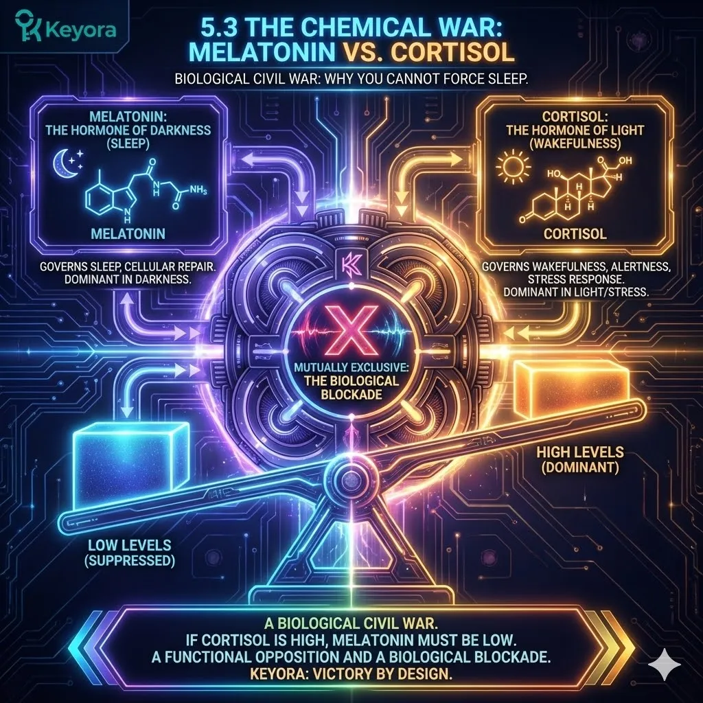 Technical 3D schematic of the Chemical Civil War illustrating the antagonistic relationship between Melatonin and Cortisol. The visual renders these hormones as a biological seesaw where high nocturnal Cortisol acts as a physical blockade to the Hormone of Darkness. This high-density mapping shows how the Four-Drive System is locked in a state of mutual exclusivity, preventing the Pineal Gland from initiating sleep. The architecture demonstrates the structural failure of the night when the Hormone of Light maintains systemic dominance. Technical 3D schematic of the Chemical Civil War illustrating the antagonistic relationship between Melatonin and Cortisol. The visual renders these hormones as a biological seesaw where high nocturnal Cortisol acts as a physical blockade to the Hormone of Darkness. This high-density mapping shows how the Four-Drive System is locked in a state of mutual exclusivity, preventing the Pineal Gland from initiating sleep. The architecture demonstrates the structural failure of the night when the Hormone of Light maintains systemic dominance.