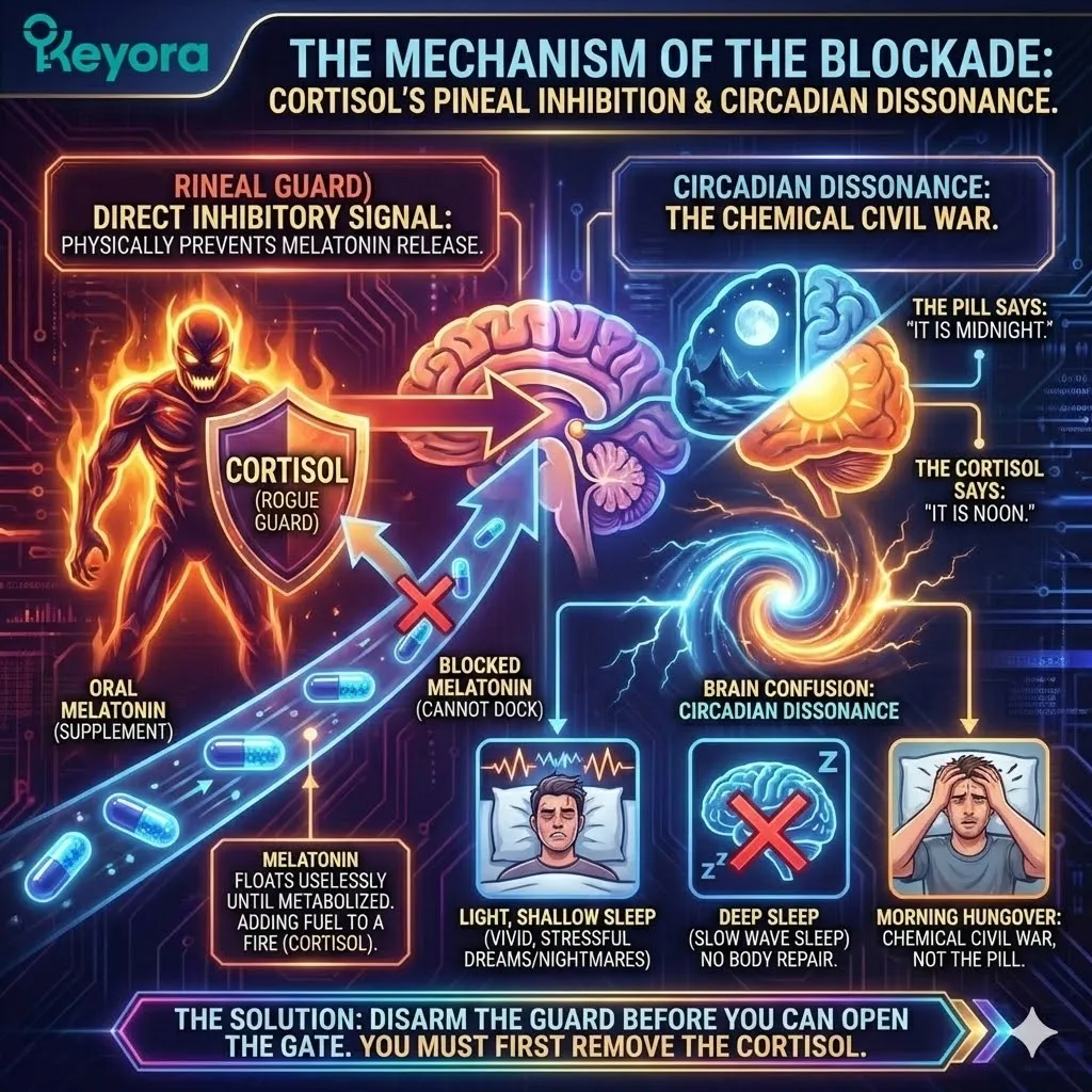 Technical 3D render illustrating Circadian Dissonance where high serum Cortisol acts as a Rogue Guard, physically shielding brain receptors from Melatonin docking. The schematic displays the chemical civil war within the Four-Drive System, where the Cortisol blockade prevents the Pineal Gland from initiating Slow Wave Sleep. This high-density visual represents the failure of exogenous Melatonin in a Neuro-Endocrine Storm, emphasizing the strategic necessity of removing the Cortisol inhibitor to restore neurological sovereignty and avoid metabolic hangover. Technical 3D render illustrating Circadian Dissonance where high serum Cortisol acts as a Rogue Guard, physically shielding brain receptors from Melatonin docking. The schematic displays the chemical civil war within the Four-Drive System, where the Cortisol blockade prevents the Pineal Gland from initiating Slow Wave Sleep. This high-density visual represents the failure of exogenous Melatonin in a Neuro-Endocrine Storm, emphasizing the strategic necessity of removing the Cortisol inhibitor to restore neurological sovereignty and avoid metabolic hangover.