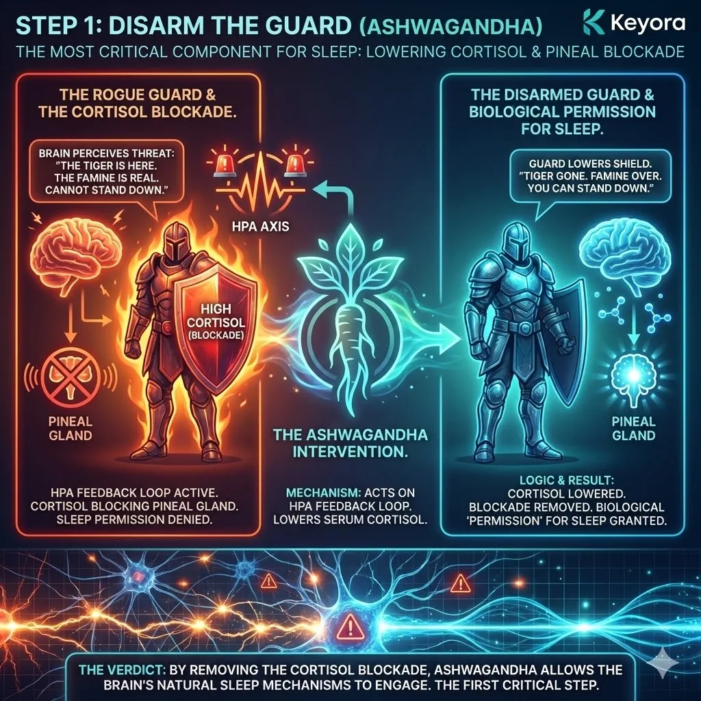 Scientific editorial render of Ashwagandha acting as the Systemic Regulator to disarm the HPA feedback loop and lower serum cortisol. The 3D schematic illustrates the removal of the cortisol blockade from the Pineal Gland, symbolizing the strategic transition from a Neuro-Endocrine Storm to neurological sovereignty. This architectural shift provides the biological permission required for the Four-Drive System to stand down, effectively terminating the threat response and opening the gateway for endogenous sleep signals to initiate. Scientific editorial render of Ashwagandha acting as the Systemic Regulator to disarm the HPA feedback loop and lower serum cortisol. The 3D schematic illustrates the removal of the cortisol blockade from the Pineal Gland, symbolizing the strategic transition from a Neuro-Endocrine Storm to neurological sovereignty. This architectural shift provides the biological permission required for the Four-Drive System to stand down, effectively terminating the threat response and opening the gateway for endogenous sleep signals to initiate.