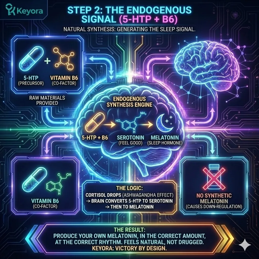 High-tech scientific schematic detailing Endogenous Synthesis where 5-HTP and Vitamin B6 serve as the architectural precursors for natural Melatonin production. Following the Cortisol blockade, this biochemical pathway activates the Four-Drive System to convert Serotonin into a rhythmic sleep signal without synthetic down-regulation. The render illustrates the Systemic Regulator establishing neurological sovereignty by bypassing exogenous dependence, ensuring the brain maintains its organic frequency for a deep, naturalistic transition. High-tech scientific schematic detailing Endogenous Synthesis where 5-HTP and Vitamin B6 serve as the architectural precursors for natural Melatonin production. Following the Cortisol blockade, this biochemical pathway activates the Four-Drive System to convert Serotonin into a rhythmic sleep signal without synthetic down-regulation. The render illustrates the Systemic Regulator establishing neurological sovereignty by bypassing exogenous dependence, ensuring the brain maintains its organic frequency for a deep, naturalistic transition.