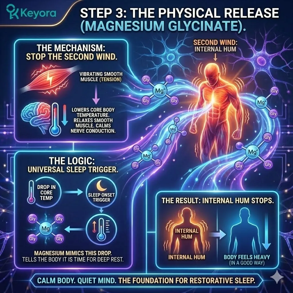 Technical schematic of Magnesium Glycinate acting as a Systemic Regulator to terminate the Second Wind by lowering core body temperature and relaxing smooth muscle. This 3D render illustrates the molecular mechanism where Magnesium mimics the universal trigger for sleep onset to stop the internal hum of the Neuro-Endocrine Storm. By facilitating ATP Synthesis and physical release, the structure stabilizes the Four-Drive System, shifting the body from a state of high-vibration stress into a definitive architecture of neurological sovereignty. Technical schematic of Magnesium Glycinate acting as a Systemic Regulator to terminate the Second Wind by lowering core body temperature and relaxing smooth muscle. This 3D render illustrates the molecular mechanism where Magnesium mimics the universal trigger for sleep onset to stop the internal hum of the Neuro-Endocrine Storm. By facilitating ATP Synthesis and physical release, the structure stabilizes the Four-Drive System, shifting the body from a state of high-vibration stress into a definitive architecture of neurological sovereignty.