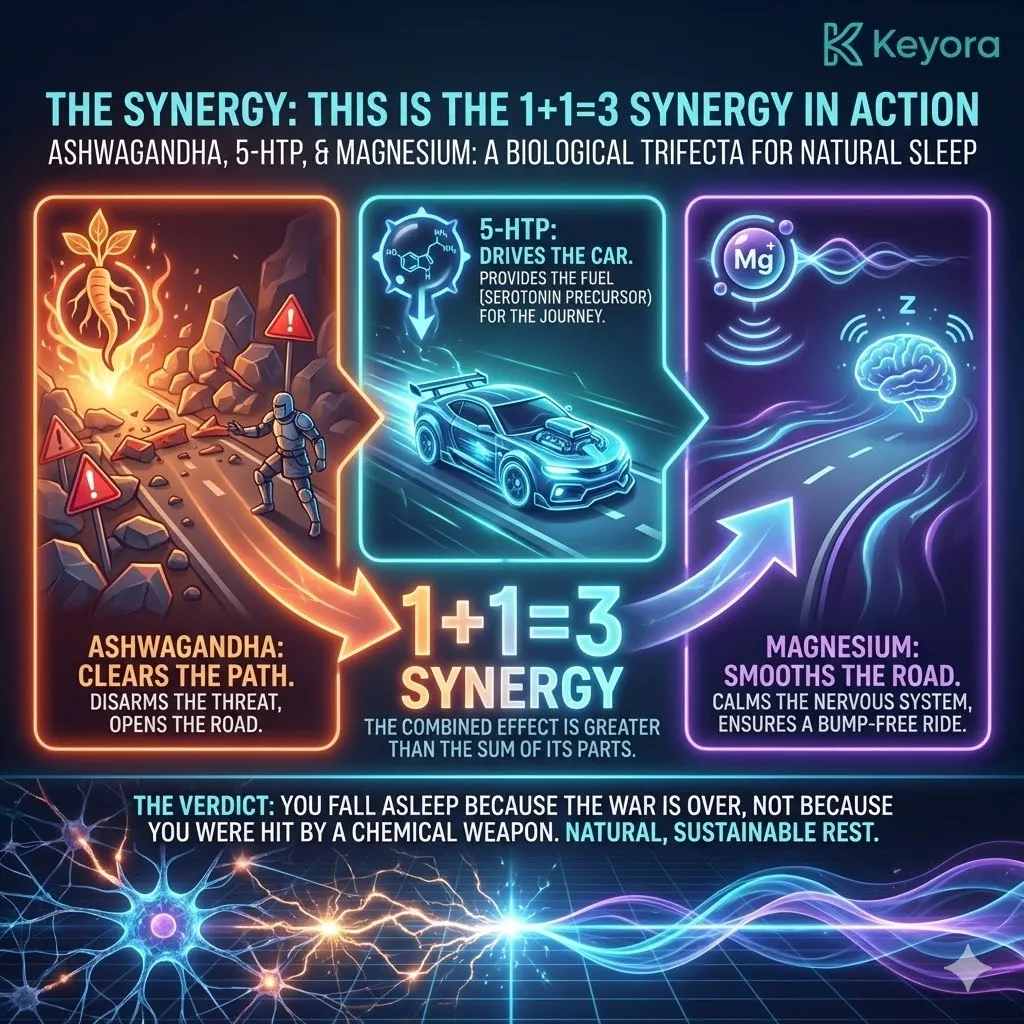 High-end scientific editorial visual of the 1+1=3 Synergy illustrating the fusion of Ashwagandha, 5-HTP, and Magnesium Glycinate. The 3D schematic renders Ashwagandha clearing the Cortisol blockade, 5-HTP driving endogenous Melatonin synthesis, and Magnesium smoothing the neurological road by lowering core temperature. This unified architecture stabilizes the Four-Drive System, transforming a Neuro-Endocrine Storm into a state of neurological sovereignty where the body transitions into deep recovery. High-end scientific editorial visual of the 1+1=3 Synergy illustrating the fusion of Ashwagandha, 5-HTP, and Magnesium Glycinate. The 3D schematic renders Ashwagandha clearing the Cortisol blockade, 5-HTP driving endogenous Melatonin synthesis, and Magnesium smoothing the neurological road by lowering core temperature. This unified architecture stabilizes the Four-Drive System, transforming a Neuro-Endocrine Storm into a state of neurological sovereignty where the body transitions into deep recovery.