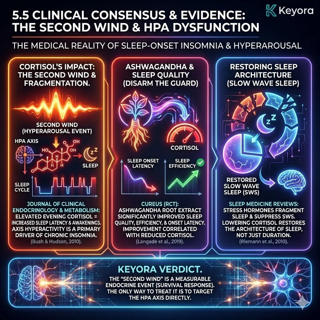 High-density scientific visual mapping the clinical consensus on HPA dysfunction and Sleep-Onset Insomnia. This 3D schematic renders the inverse correlation between cortisol secretion and sleep depth, illustrating how HPA hyperactivity drives the Neuro-Endocrine Storm. The architectural design shows Ashwagandha-mediated cortisol reduction restoring Slow Wave Sleep architecture. This functional layout serves as a Systemic Regulator to eliminate Circadian Dissonance, securing neurological sovereignty through evidence-based HPA axis stabilization. High-density scientific visual mapping the clinical consensus on HPA dysfunction and Sleep-Onset Insomnia. This 3D schematic renders the inverse correlation between cortisol secretion and sleep depth, illustrating how HPA hyperactivity drives the Neuro-Endocrine Storm. The architectural design shows Ashwagandha-mediated cortisol reduction restoring Slow Wave Sleep architecture. This functional layout serves as a Systemic Regulator to eliminate Circadian Dissonance, securing neurological sovereignty through evidence-based HPA axis stabilization.
