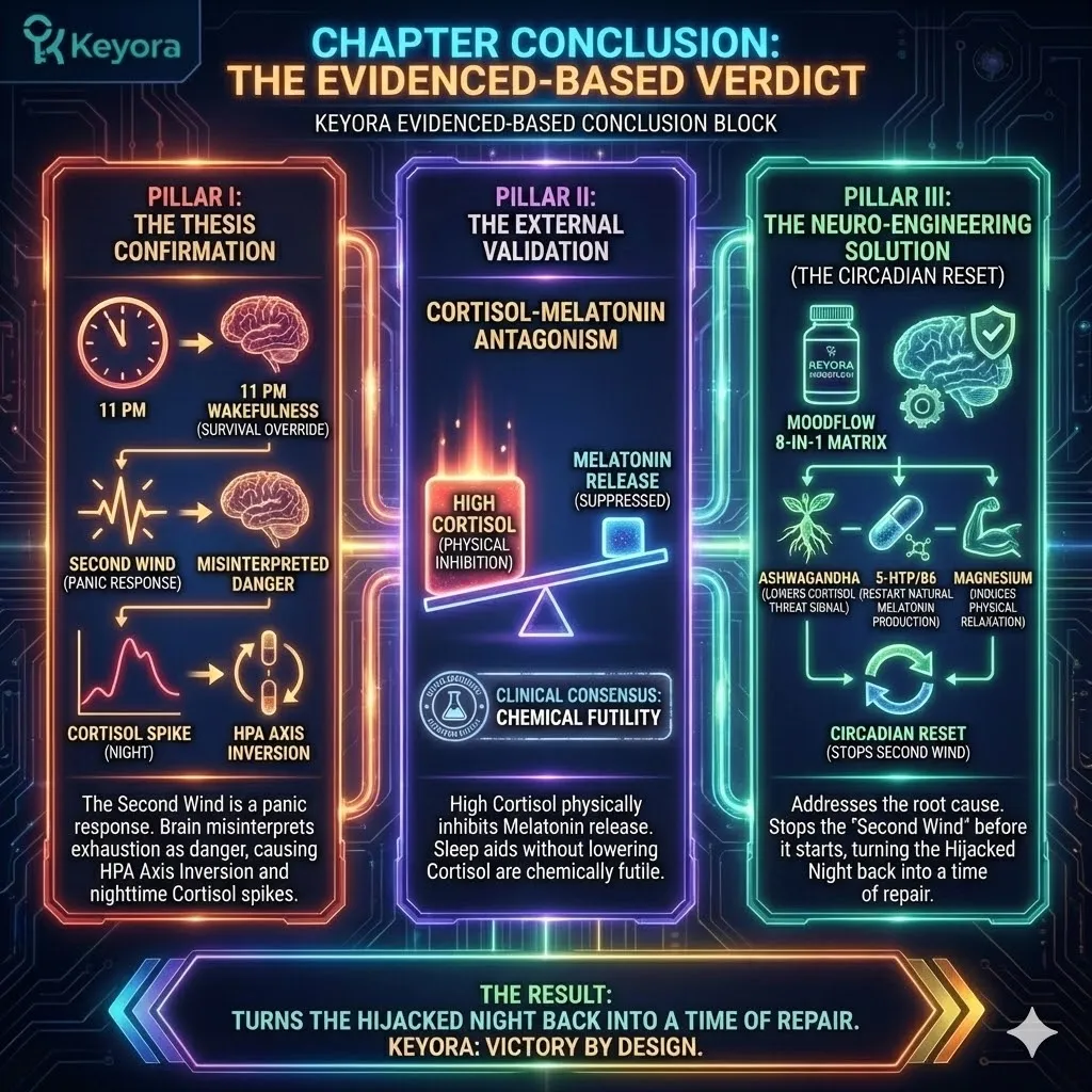 High-density visual summarizing the Evidence-Based Verdict on HPA Axis Inversion. The 3D schematic illustrates the transition from Survival Override to neurological sovereignty. It renders the MoodFlow Matrix as a Systemic Regulator: Ashwagandha dismantling the Cortisol threat, 5-HTP fueling endogenous synthesis, and Magnesium inducing physical release. This architecture resolves the Neuro-Endocrine Storm, replacing chemical civil war with restorative repair and sovereign circadian rhythm. High-density visual summarizing the Evidence-Based Verdict on HPA Axis Inversion. The 3D schematic illustrates the transition from Survival Override to neurological sovereignty. It renders the MoodFlow Matrix as a Systemic Regulator: Ashwagandha dismantling the Cortisol threat, 5-HTP fueling endogenous synthesis, and Magnesium inducing physical release. This architecture resolves the Neuro-Endocrine Storm, replacing chemical civil war with restorative repair and sovereign circadian rhythm.