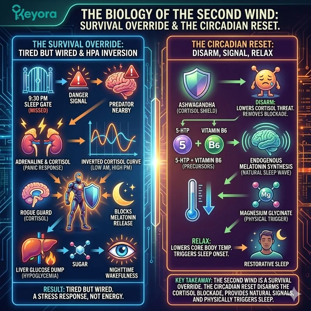 High-density visual mapping the Biology of the Second Wind as a Survival Override. The 3D schematic illustrates HPA Axis Inversion where nighttime Cortisol acts as a Rogue Guard, blockading the Pineal Gland. The MoodFlow architecture renders the Circadian Reset: Ashwagandha disarming the threat, 5-HTP signaling endogenous synthesis, and Magnesium inducing physical release. This layout restores neurological sovereignty, transforming a Hijacked Night into a state of systemic repair. High-density visual mapping the Biology of the Second Wind as a Survival Override. The 3D schematic illustrates HPA Axis Inversion where nighttime Cortisol acts as a Rogue Guard, blockading the Pineal Gland. The MoodFlow architecture renders the Circadian Reset: Ashwagandha disarming the threat, 5-HTP signaling endogenous synthesis, and Magnesium inducing physical release. This layout restores neurological sovereignty, transforming a Hijacked Night into a state of systemic repair.