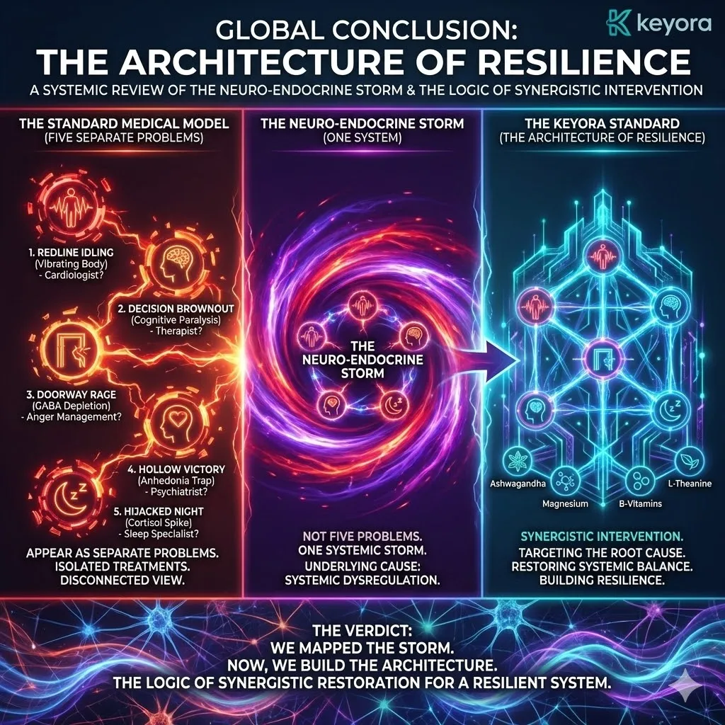 High-density visual mapping the Architecture of Resilience against the fragmented medical model. This 3D schematic synthesizes Redline Idling, Decision Brownout, Doorway Rage, and the Hijacked Night into a singular Neuro-Endocrine Storm. The architecture illustrates the structural failure of treating these as isolated symptoms rather than a systemic failure of the Four-Drive System. By rendering the interconnected nature of metabolic triage and GABA depletion, the layout establishes the strategic necessity for Keyora’s unified intervention. High-density visual mapping the Architecture of Resilience against the fragmented medical model. This 3D schematic synthesizes Redline Idling, Decision Brownout, Doorway Rage, and the Hijacked Night into a singular Neuro-Endocrine Storm. The architecture illustrates the structural failure of treating these as isolated symptoms rather than a systemic failure of the Four-Drive System. By rendering the interconnected nature of metabolic triage and GABA depletion, the layout establishes the strategic necessity for Keyora’s unified intervention.