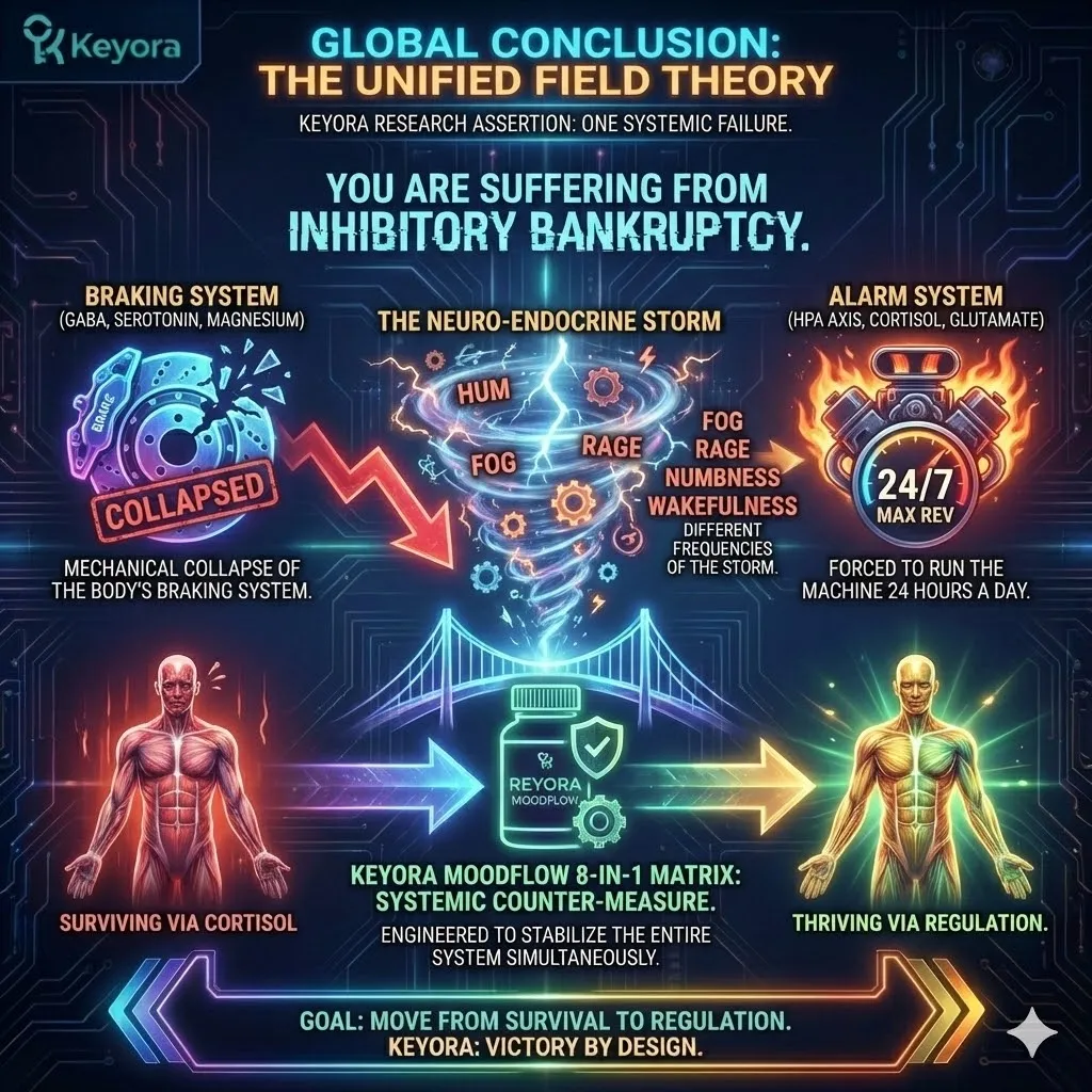 High-density visual mapping Inhibitory Bankruptcy as a mechanical collapse of the systemic braking system. The 3D schematic renders the failure of GABA, Serotonin, and Magnesium, which forces the HPA Axis and Cortisol alarm systems into continuous operation. This architecture synthesizes the fog, rage, and wakefulness into a singular Neuro-Endocrine Storm. The layout establishes the MoodFlow Matrix as a unified counter-measure designed to stabilize the Four-Drive System and restore neurological sovereignty through systemic regulation. High-density visual mapping Inhibitory Bankruptcy as a mechanical collapse of the systemic braking system. The 3D schematic renders the failure of GABA, Serotonin, and Magnesium, which forces the HPA Axis and Cortisol alarm systems into continuous operation. This architecture synthesizes the fog, rage, and wakefulness into a singular Neuro-Endocrine Storm. The layout establishes the MoodFlow Matrix as a unified counter-measure designed to stabilize the Four-Drive System and restore neurological sovereignty through systemic regulation.