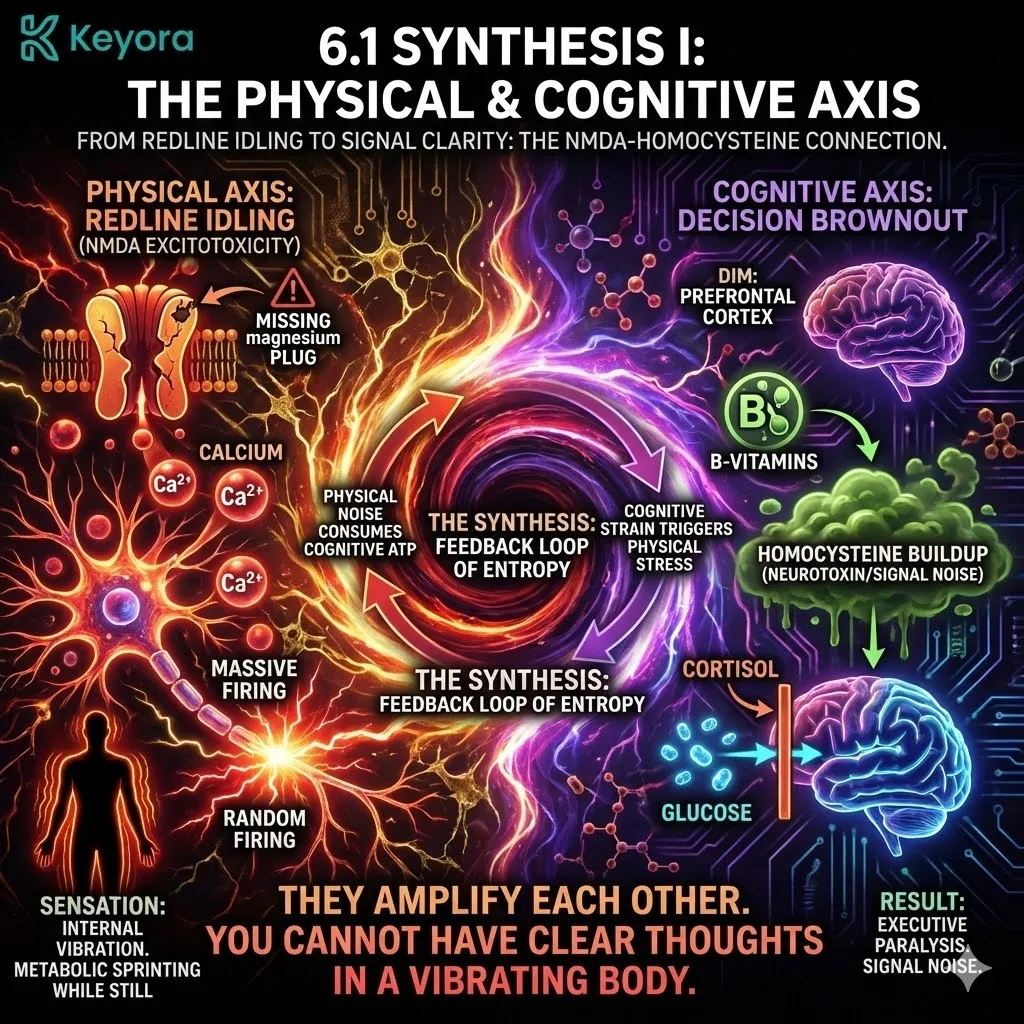 Technical 3D schematic of the Physical and Cognitive Axis mapping NMDA Excitotoxicity and the Homocysteine feedback loop. The render illustrates the loss of the Magnesium Plug from NMDA receptors, allowing calcium flooding and random firing. This architectural diagnostic links Redline Idling to the Decision Brownout, showing how B-Vitamin depletion and Homocysteine buildup create cognitive signal noise. The layout demonstrates how physical vibration consumes ATP, starving the Prefrontal Cortex and creating a systemic feedback loop of entropy. Technical 3D schematic of the Physical and Cognitive Axis mapping NMDA Excitotoxicity and the Homocysteine feedback loop. The render illustrates the loss of the Magnesium Plug from NMDA receptors, allowing calcium flooding and random firing. This architectural diagnostic links Redline Idling to the Decision Brownout, showing how B-Vitamin depletion and Homocysteine buildup create cognitive signal noise. The layout demonstrates how physical vibration consumes ATP, starving the Prefrontal Cortex and creating a systemic feedback loop of entropy.