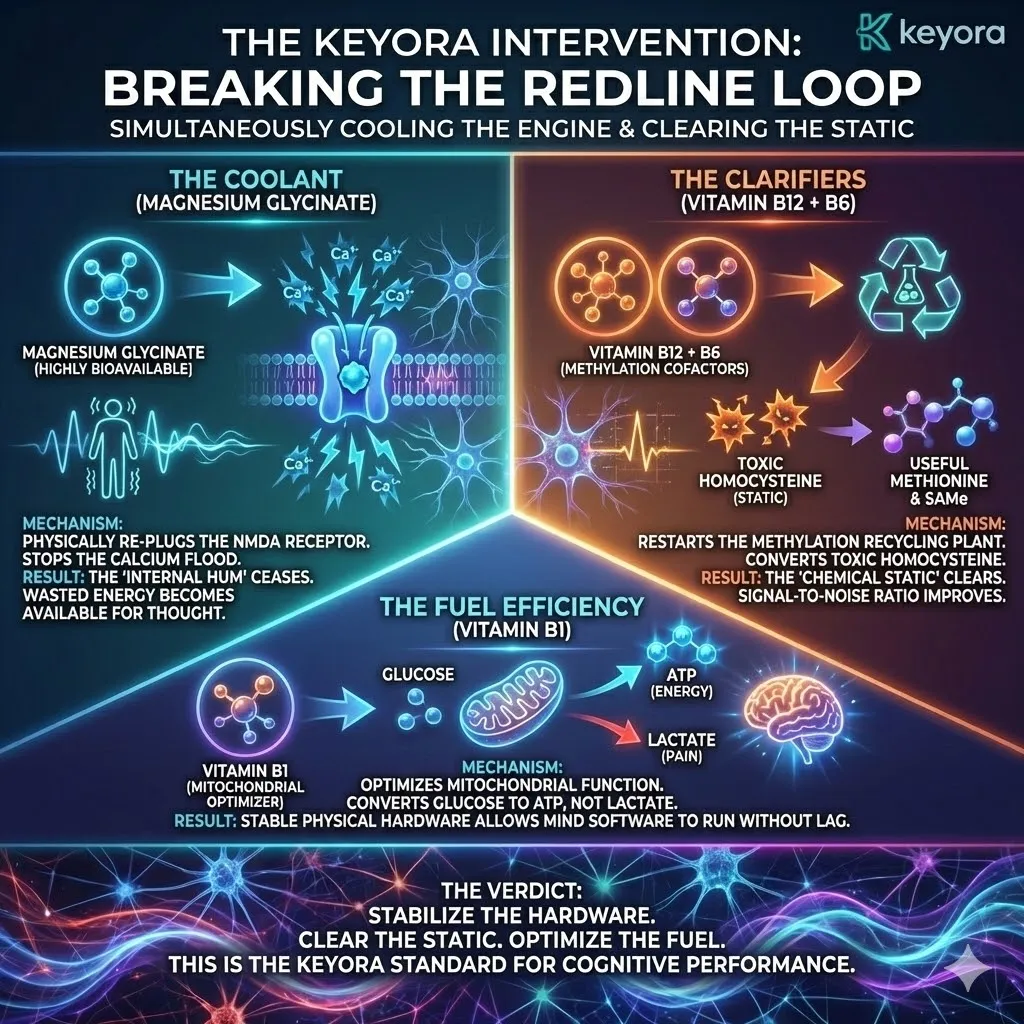 High-density visual of the Keyora Intervention for physical and cognitive stabilization. The 3D schematic renders Magnesium Glycinate re-plugging the NMDA receptor to terminate Calcium-driven internal vibration. Simultaneously, Vitamin B12 and B6 activate the Methylation pathway to recycle toxic Homocysteine into Methionine, clearing chemical static. This unified architecture optimizes ATP synthesis via Vitamin B1, transitioning the Four-Drive System from Redline Idling into a state of high-fidelity signal clarity and neurological sovereignty. High-density visual of the Keyora Intervention for physical and cognitive stabilization. The 3D schematic renders Magnesium Glycinate re-plugging the NMDA receptor to terminate Calcium-driven internal vibration. Simultaneously, Vitamin B12 and B6 activate the Methylation pathway to recycle toxic Homocysteine into Methionine, clearing chemical static. This unified architecture optimizes ATP synthesis via Vitamin B1, transitioning the Four-Drive System from Redline Idling into a state of high-fidelity signal clarity and neurological sovereignty.