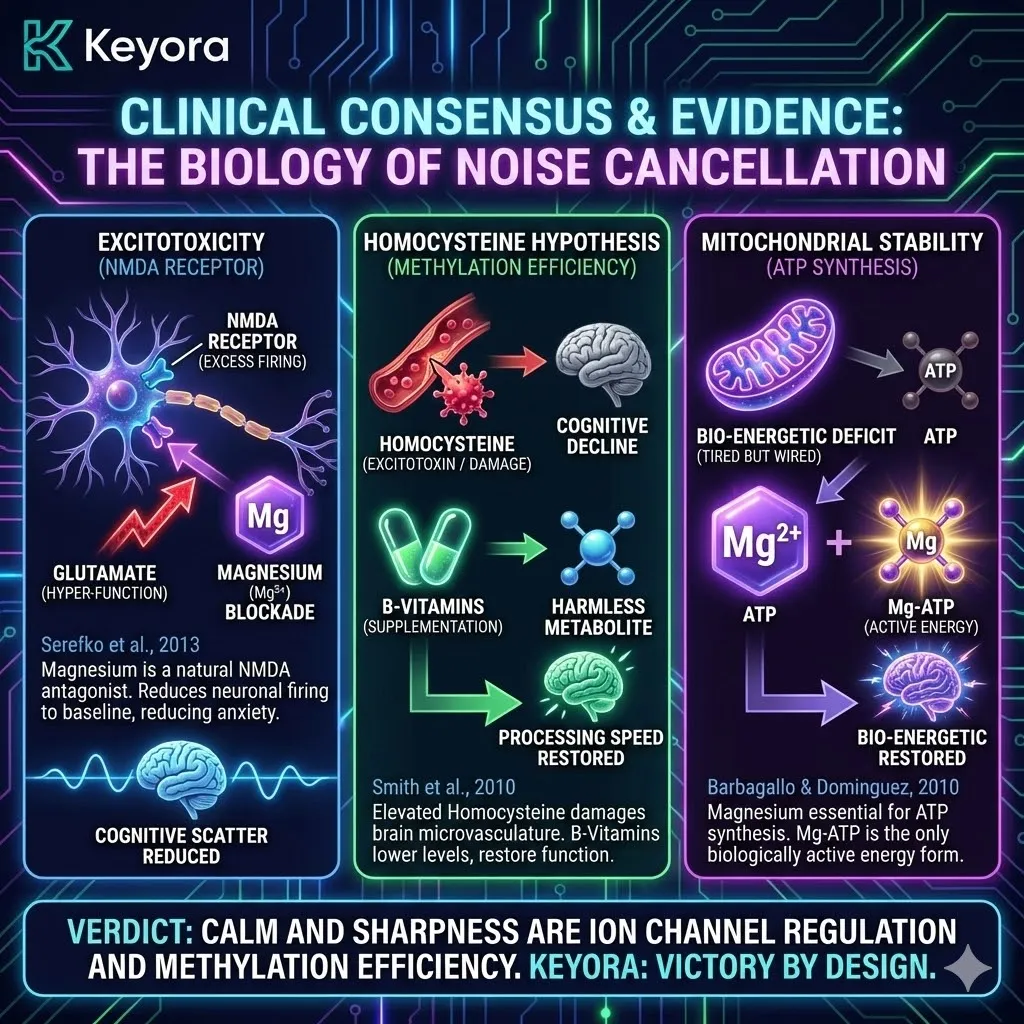Technical 3D visual mapping clinical evidence for the Biology of Noise Cancellation. The schematic renders Magnesium as a voltage-dependent antagonist restoring the NMDA receptor blockade to terminate glutamatergic hyper-function. Simultaneously, it maps the Methylation pathway where B-Vitamins lower toxic Homocysteine to restore processing speed. This layout demonstrates the Mg-ATP synthesis required for bio-energetic stability, shifting the Four-Drive System from excitotoxicity to a state of ion channel regulation and cognitive sovereignty. Technical 3D visual mapping clinical evidence for the Biology of Noise Cancellation. The schematic renders Magnesium as a voltage-dependent antagonist restoring the NMDA receptor blockade to terminate glutamatergic hyper-function. Simultaneously, it maps the Methylation pathway where B-Vitamins lower toxic Homocysteine to restore processing speed. This layout demonstrates the Mg-ATP synthesis required for bio-energetic stability, shifting the Four-Drive System from excitotoxicity to a state of ion channel regulation and cognitive sovereignty.