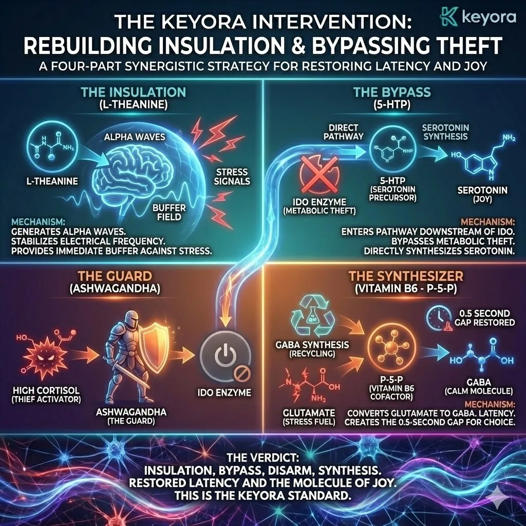 High-density 3D schematic of the emotional restoration protocol. The render illustrates L-Theanine generating Alpha Waves to insulate the Naked Neuron while Ashwagandha deactivates the IDO enzyme at the source. Simultaneously, 5-HTP bypasses the Kynurenine pathway to ensure direct Serotonin synthesis, and Vitamin B6 facilitates the conversion of excess Glutamate into GABA. This architecture restores neurological latency, establishing the 0.5-second gap between stimulus and response required for hedonic sovereignty and systemic calm. High-density 3D schematic of the emotional restoration protocol. The render illustrates L-Theanine generating Alpha Waves to insulate the Naked Neuron while Ashwagandha deactivates the IDO enzyme at the source. Simultaneously, 5-HTP bypasses the Kynurenine pathway to ensure direct Serotonin synthesis, and Vitamin B6 facilitates the conversion of excess Glutamate into GABA. This architecture restores neurological latency, establishing the 0.5-second gap between stimulus and response required for hedonic sovereignty and systemic calm.