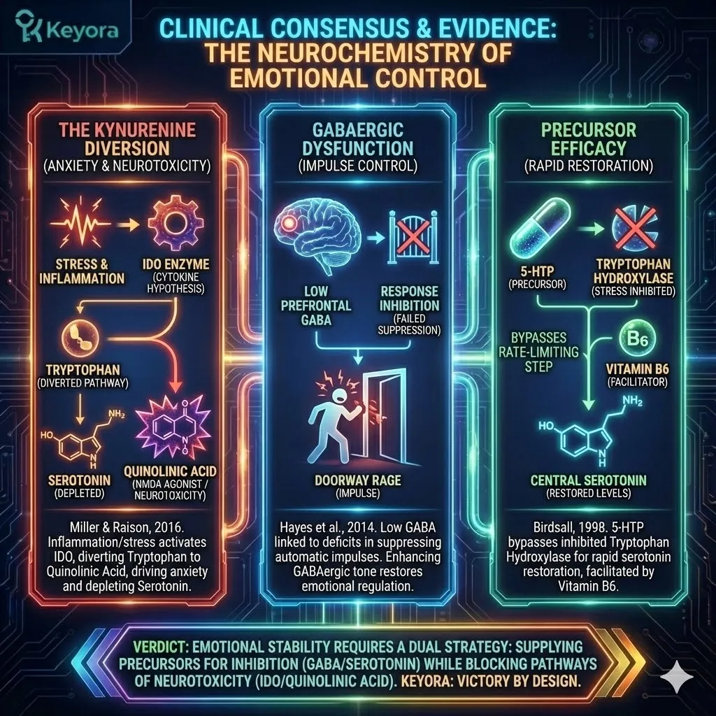 High-density 3D schematic mapping the Neurochemistry of Emotional Control. The render illustrates the Kynurenine Diversion where IDO activation converts Tryptophan into neurotoxic Quinolinic Acid, an NMDA agonist driving systemic anxiety. Simultaneously, it maps the biological basis of Response Inhibition failure due to low GABAergic tone. This architecture renders the 5-HTP bypass of the rate-limiting Tryptophan Hydroxylase step, facilitating central serotonin restoration. The layout establishes a dual strategy: supplying inhibitory precursors while blocking the pathways of neurotoxicity to restore emotional sovereignty. High-density 3D schematic mapping the Neurochemistry of Emotional Control. The render illustrates the Kynurenine Diversion where IDO activation converts Tryptophan into neurotoxic Quinolinic Acid, an NMDA agonist driving systemic anxiety. Simultaneously, it maps the biological basis of Response Inhibition failure due to low GABAergic tone. This architecture renders the 5-HTP bypass of the rate-limiting Tryptophan Hydroxylase step, facilitating central serotonin restoration. The layout establishes a dual strategy: supplying inhibitory precursors while blocking the pathways of neurotoxicity to restore emotional sovereignty.