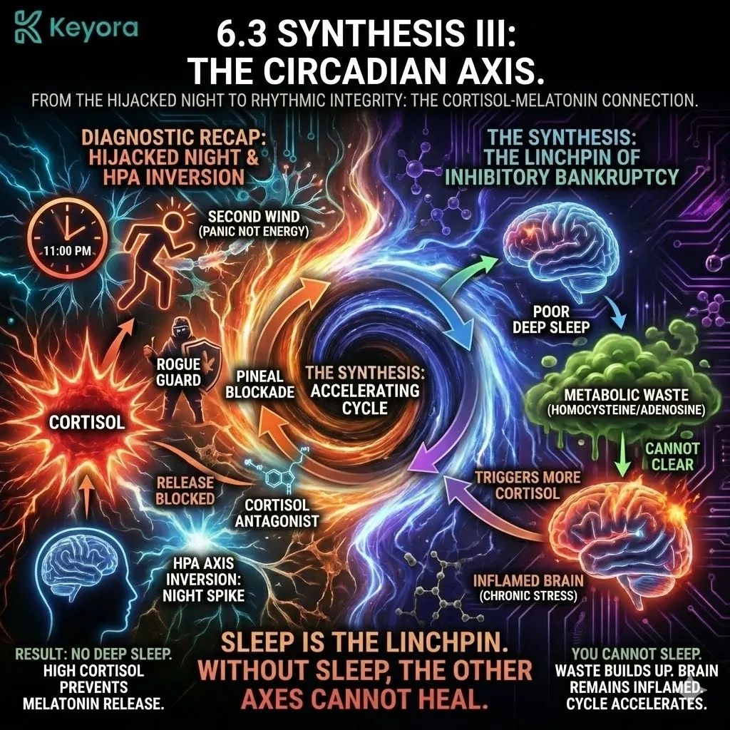 Technical 3D schematic of the Circadian Axis mapping the Hijacked Night and HPA Axis Inversion. The render illustrates the structural failure of the 11:00 PM Second Wind, where a nocturnal Cortisol spike acts as a physical blockade to the Pineal Gland. This architecture captures the failure of the Cortisol-Melatonin antagonism, resulting in the systemic accumulation of metabolic waste like Homocysteine and Adenosine. The layout demonstrates how the lack of deep sleep drives neuro-inflammation, creating a high-cortisol feedback loop that accelerates the Neuro-Endocrine Storm. Technical 3D schematic of the Circadian Axis mapping the Hijacked Night and HPA Axis Inversion. The render illustrates the structural failure of the 11:00 PM Second Wind, where a nocturnal Cortisol spike acts as a physical blockade to the Pineal Gland. This architecture captures the failure of the Cortisol-Melatonin antagonism, resulting in the systemic accumulation of metabolic waste like Homocysteine and Adenosine. The layout demonstrates how the lack of deep sleep drives neuro-inflammation, creating a high-cortisol feedback loop that accelerates the Neuro-Endocrine Storm.