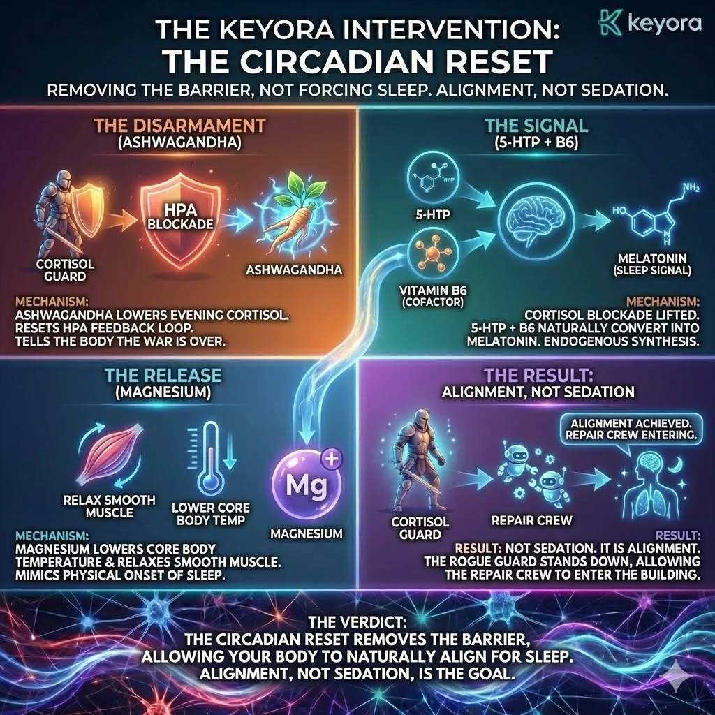 High-density 3D schematic of the Circadian Reset protocol for removing the barrier to sleep. The render illustrates Ashwagandha disarming the HPA feedback loop to terminate nocturnal Cortisol spikes, lifting the blockade on the Pineal Gland. Simultaneously, 5-HTP and Vitamin B6 facilitate the endogenous synthesis of Melatonin, while Magnesium induces physical relaxation and core temperature reduction. This architecture transitions the Four-Drive System from a state of survival panic into rhythmic alignment, allowing the repair crew to initiate systemic restoration and neurological sovereignty. High-density 3D schematic of the Circadian Reset protocol for removing the barrier to sleep. The render illustrates Ashwagandha disarming the HPA feedback loop to terminate nocturnal Cortisol spikes, lifting the blockade on the Pineal Gland. Simultaneously, 5-HTP and Vitamin B6 facilitate the endogenous synthesis of Melatonin, while Magnesium induces physical relaxation and core temperature reduction. This architecture transitions the Four-Drive System from a state of survival panic into rhythmic alignment, allowing the repair crew to initiate systemic restoration and neurological sovereignty.