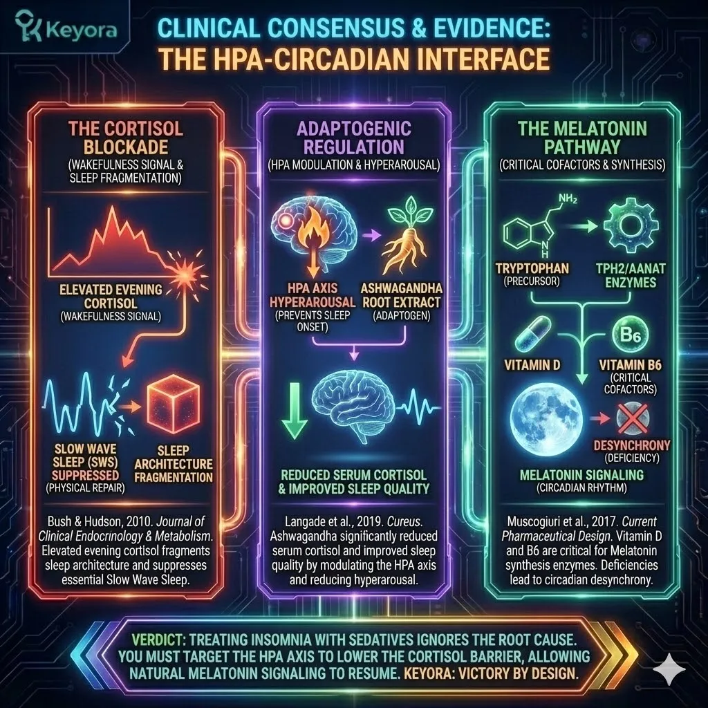 Technical 3D visual of the HPA-Circadian Interface mapping the structural blockade of sleep. The render illustrates elevated nocturnal Cortisol fragmenting Slow Wave Sleep (SWS) and physically suppressing the Pineal Gland's rhythmic signaling. This architecture demonstrates the mechanism of Ashwagandha in modulating the HPA axis to terminate hyperarousal, alongside the critical role of Vitamin D and B6 in activating the TPH2/AANAT enzymes for Melatonin synthesis. The layout identifies the restoration of the Cortisol-Melatonin seesaw as the non-negotiable requirement for systemic repair. Technical 3D visual of the HPA-Circadian Interface mapping the structural blockade of sleep. The render illustrates elevated nocturnal Cortisol fragmenting Slow Wave Sleep (SWS) and physically suppressing the Pineal Gland's rhythmic signaling. This architecture demonstrates the mechanism of Ashwagandha in modulating the HPA axis to terminate hyperarousal, alongside the critical role of Vitamin D and B6 in activating the TPH2/AANAT enzymes for Melatonin synthesis. The layout identifies the restoration of the Cortisol-Melatonin seesaw as the non-negotiable requirement for systemic repair.