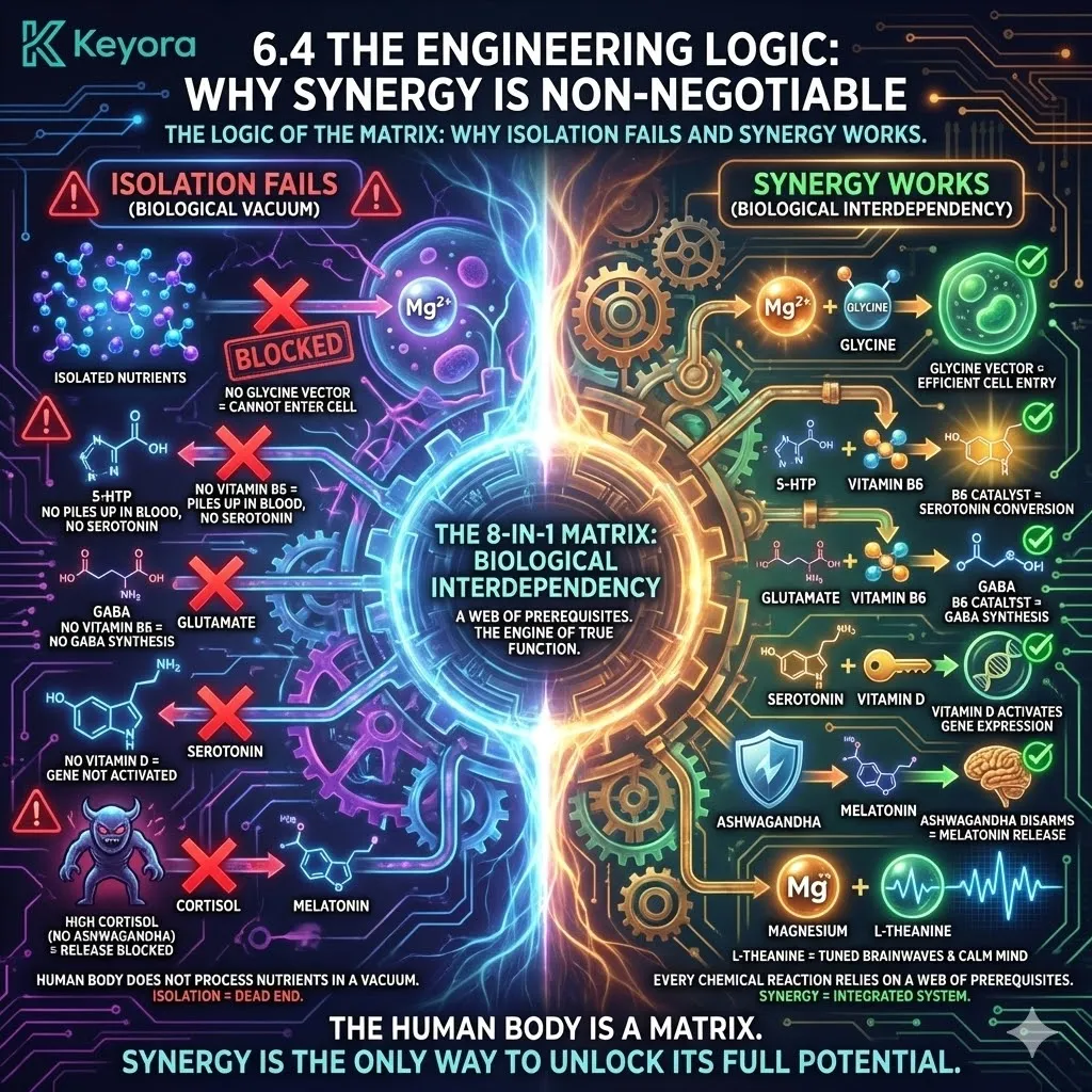 High-density 3D schematic mapping the Engineering Logic of Biological Interdependency. The render illustrates the structural failure of isolated nutrients: Magnesium requiring Glycine for cellular transport, and 5-HTP failing to convert to Serotonin without Vitamin B6 cofactors. Simultaneously, it maps the Vitamin D activation of gene expression required for Serotonin synthesis and the Ashwagandha-mediated Cortisol reduction necessary for Melatonin release. This architecture demonstrates how the 8-in-1 Matrix functions as a unified system where L-Theanine-tuned brainwaves and Magnesium-stabilized receptors create a synergistic state of neurological sovereignty. High-density 3D schematic mapping the Engineering Logic of Biological Interdependency. The render illustrates the structural failure of isolated nutrients: Magnesium requiring Glycine for cellular transport, and 5-HTP failing to convert to Serotonin without Vitamin B6 cofactors. Simultaneously, it maps the Vitamin D activation of gene expression required for Serotonin synthesis and the Ashwagandha-mediated Cortisol reduction necessary for Melatonin release. This architecture demonstrates how the 8-in-1 Matrix functions as a unified system where L-Theanine-tuned brainwaves and Magnesium-stabilized receptors create a synergistic state of neurological sovereignty.