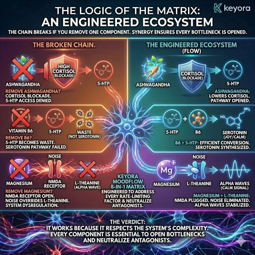 Technical 3D schematic of the Engineered Ecosystem and the failure of isolated interventions. The render illustrates the breakdown of the biochemical chain: high Cortisol blockading 5-HTP without Ashwagandha, and 5-HTP becoming metabolic waste without the Vitamin B6 cofactor. Simultaneously, it maps how an unblocked NMDA receptor creates signal noise that overrides L-Theanine without Magnesium. This architecture demonstrates the MoodFlow 8-in-1 Matrix as a unified solution that addresses every Rate-Limiting Factor and bottleneck to restore systemic neurological sovereignty. Technical 3D schematic of the Engineered Ecosystem and the failure of isolated interventions. The render illustrates the breakdown of the biochemical chain: high Cortisol blockading 5-HTP without Ashwagandha, and 5-HTP becoming metabolic waste without the Vitamin B6 cofactor. Simultaneously, it maps how an unblocked NMDA receptor creates signal noise that overrides L-Theanine without Magnesium. This architecture demonstrates the MoodFlow 8-in-1 Matrix as a unified solution that addresses every Rate-Limiting Factor and bottleneck to restore systemic neurological sovereignty.